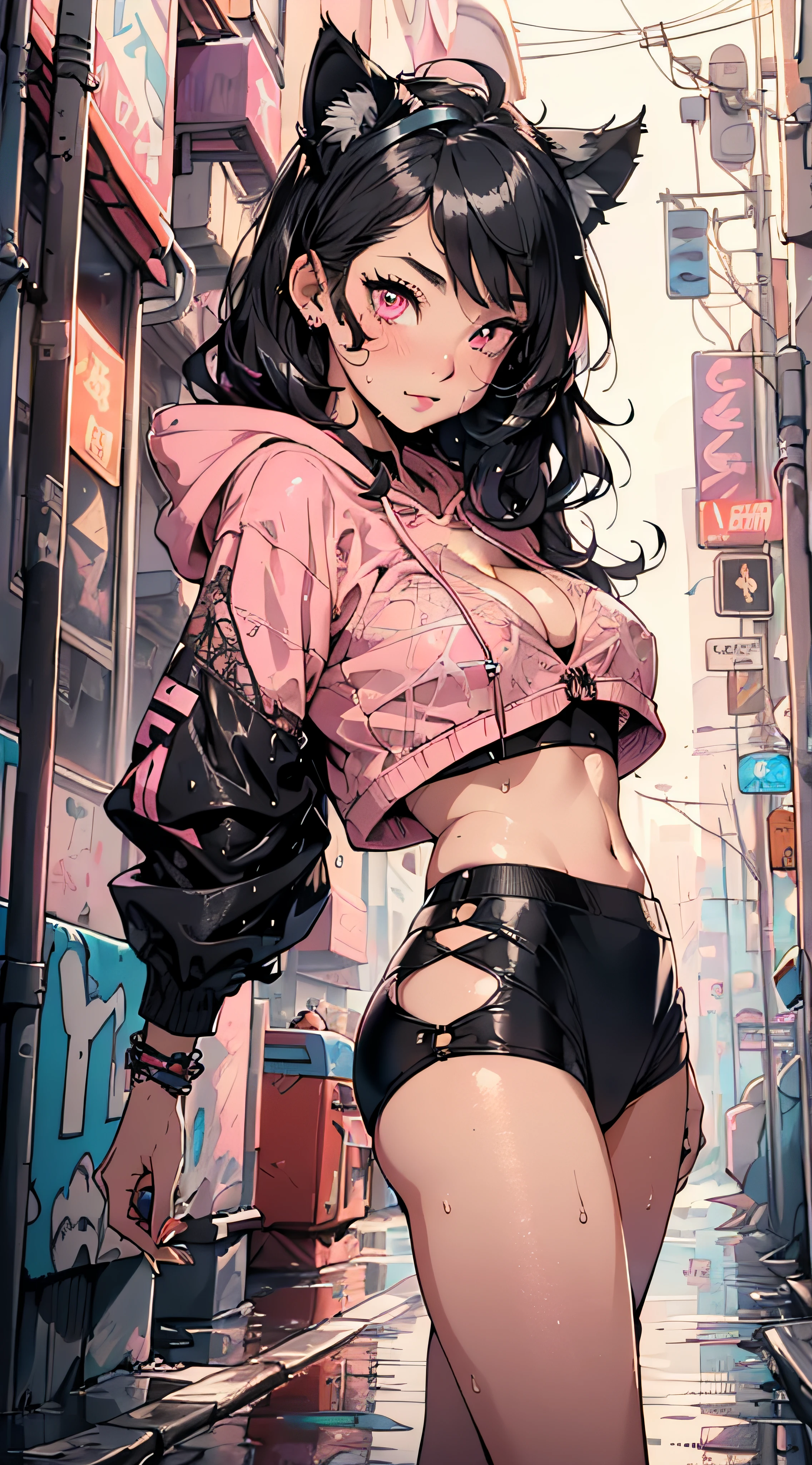 girl spacepunk,(((1girl))),((beautiful girl with cute cat ears)),
(small breasts:1.4),perky breasts,((black hair,black messy hair,colored inner hair,long hair:1.5,absurdly long unkempt hair:1.35,long black hair,ear breathing,intricate cut hair)),((((cat ears,cat ears on head,big cat ears)))),(((neon_pink_eyes:1.3))),intricate eyes,beautiful detailed eyes,symmetrical eyes,((fat)),(((lustrous skin:1.5,bright skin: 1.5,skin tanned,shiny skin,very shiny skin,shiny body,plastic glitter skin,exaggerated shiny skin,illuminated skin,wet legs))),(spider lower abdomen,narrow waist,wide hip,athletic body,inflated legs,detailed body,(detailed face)),
cute,slutty,seductive,erotic,(((nsfw))),
(graffiti art in clothes),zettai ryouiki,revealing clothing,show skin,((((underboob)))),((cleavage)),(semi-naked,with little clothing,((tiny thong, armor thong intricate)),large sport socks,visible thong straps,no bra),((((crop top hoodie,cropped hoodie,hoodie,hoodie intricate)))),(((wet clothes,intricate outfit,intricate clothes))),
(dynamic pose:1.0),solo focus,embarrassed,(centered,scale to fit dimensions,Rule of thirds), pose focus on butt, focus on waist
cyberpunk city by the ocean at night, with bright neon signs and dark stormy clouds and puddles, scenery:1.25,nighttime, starry night, cosmos,
artistic photography,(photography taken by sldr),highres, sharp focus, (ultra detailed, extremely detailed), (photorealistic artwork:1.37),(extremely detailed CG unity 8k wallpaper),((synthwave background theme)),(((vibrant colors))),(intricate background),(masterpiece),(best quality),