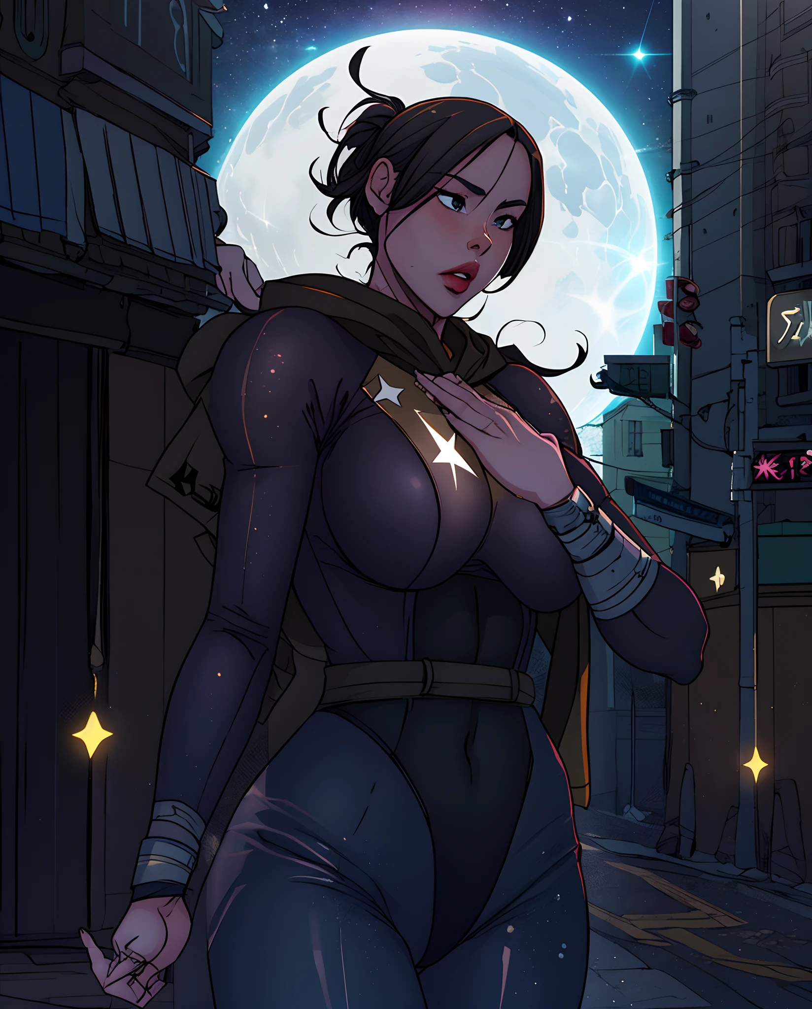 Create an image of a modern superhero soaring through the city skyline, with a striking and powerful pose, showcasing their extraordinary abilities, a heroic figure in a power stance, hair flowing, mystic robes with symbols, the demon lord who is actually the hero, this is great design and the presence of stars and galaxies, always seeking opportunities, including the ability of great war, warrior, handsome fantasy, interstellar warfare, the goddesses guardian of hope and dreams, some of the coolest art, masterpiece, reimagine, ecchi, excellent anime, oppai proportions