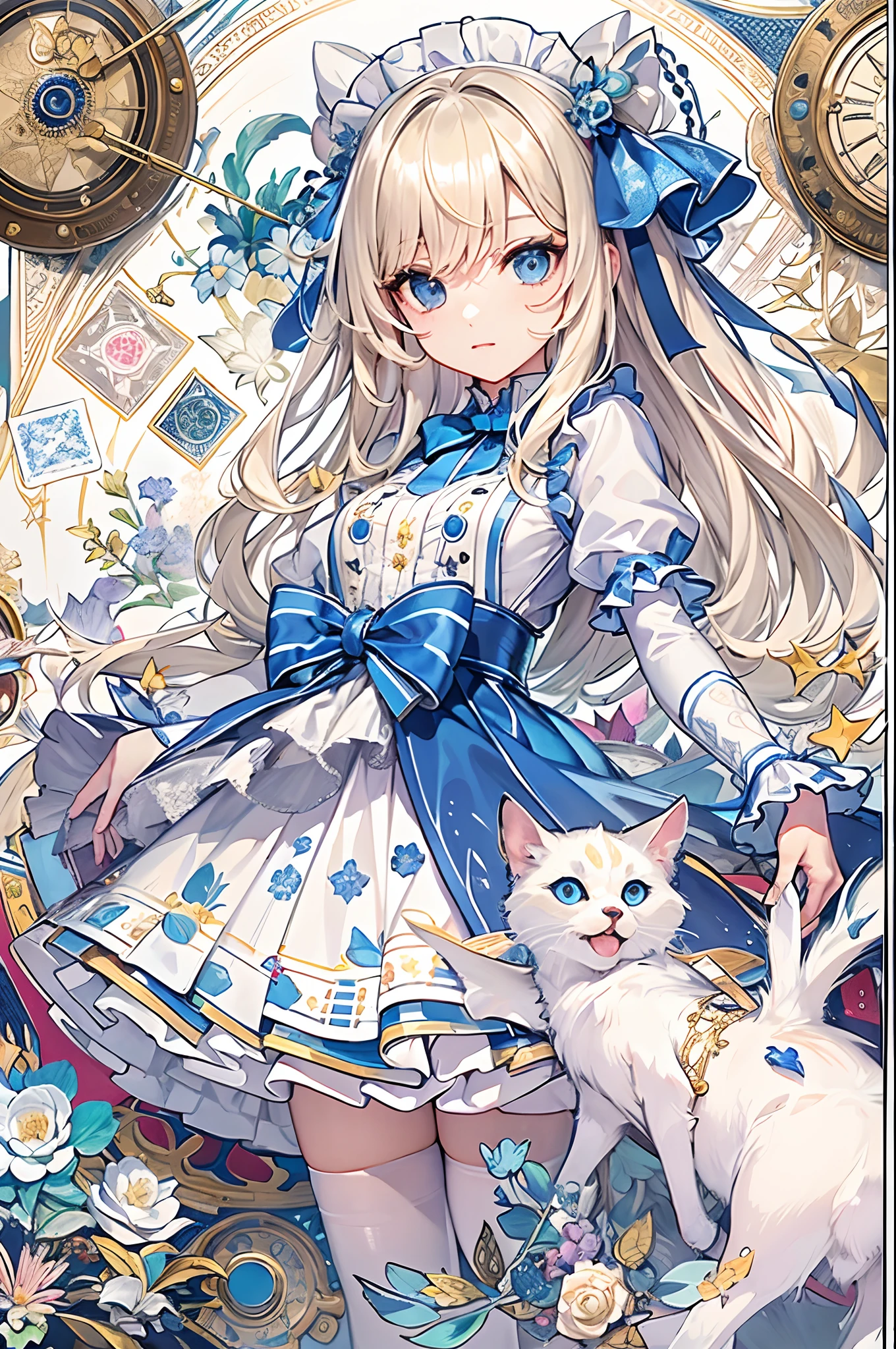 (masuter piece、top-quality、Mystical、Beautifully Aesthetic、offcial art、Impresionismo、von gogh:1.2)、(1 girl in:1.3)、(Fractal Art:1.4)、shinny skin、patterns、(alice in the wonderland:1.2)、(bunny rabbit、Siamese cat、PlayingCards、tea cup、pocket watch:0.8)、(Tie your hair with a ribbon、Blue Dress、a miniskirt、beauty legs、White Apron、white sock、platinum-blonde、Blue eyes)、Exotic wallpapers、highly colorful、Abstract background、Fantastical