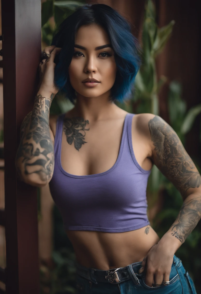 tatooed beauty, tattoed, wearing ripped jeans, a multicolored top, sittin in a stunning zen garden, anchronistic double exposure HD 8K