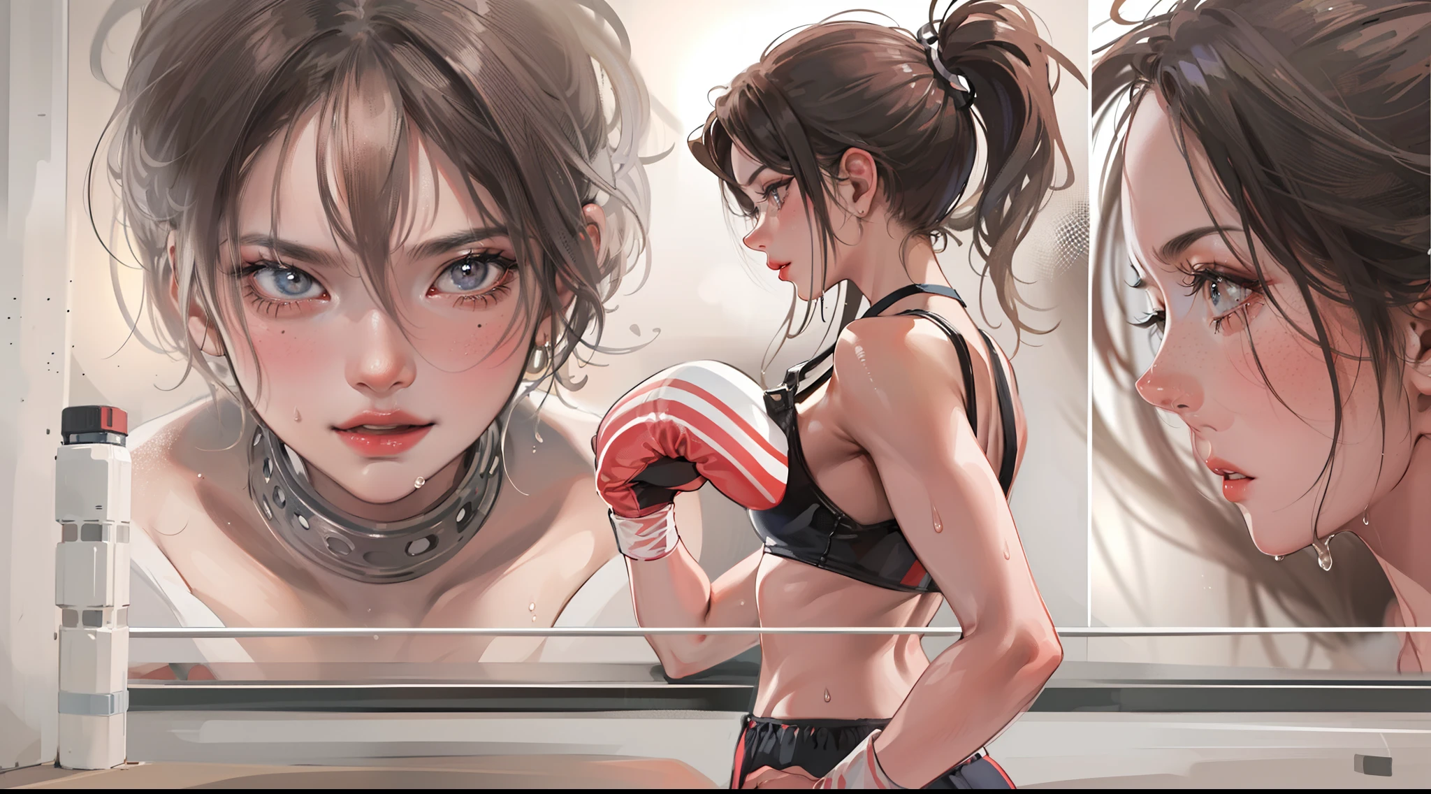 ((viewer chokes mature female boxer girl)), 1st person view, sexy lips, sports bra, ((boxing gloves ,sweat all over the body,(An enthusiastic look),steam,((two womens)),in crotch, eyes rolling,Ripe body,NSFW,female face,standing back, (cum on clothes:1.3), Abs, violence, bruises, wet, oiled skin, asphyxiation, stranging, pov_strangling, leggings, (cum on hair:1.5)