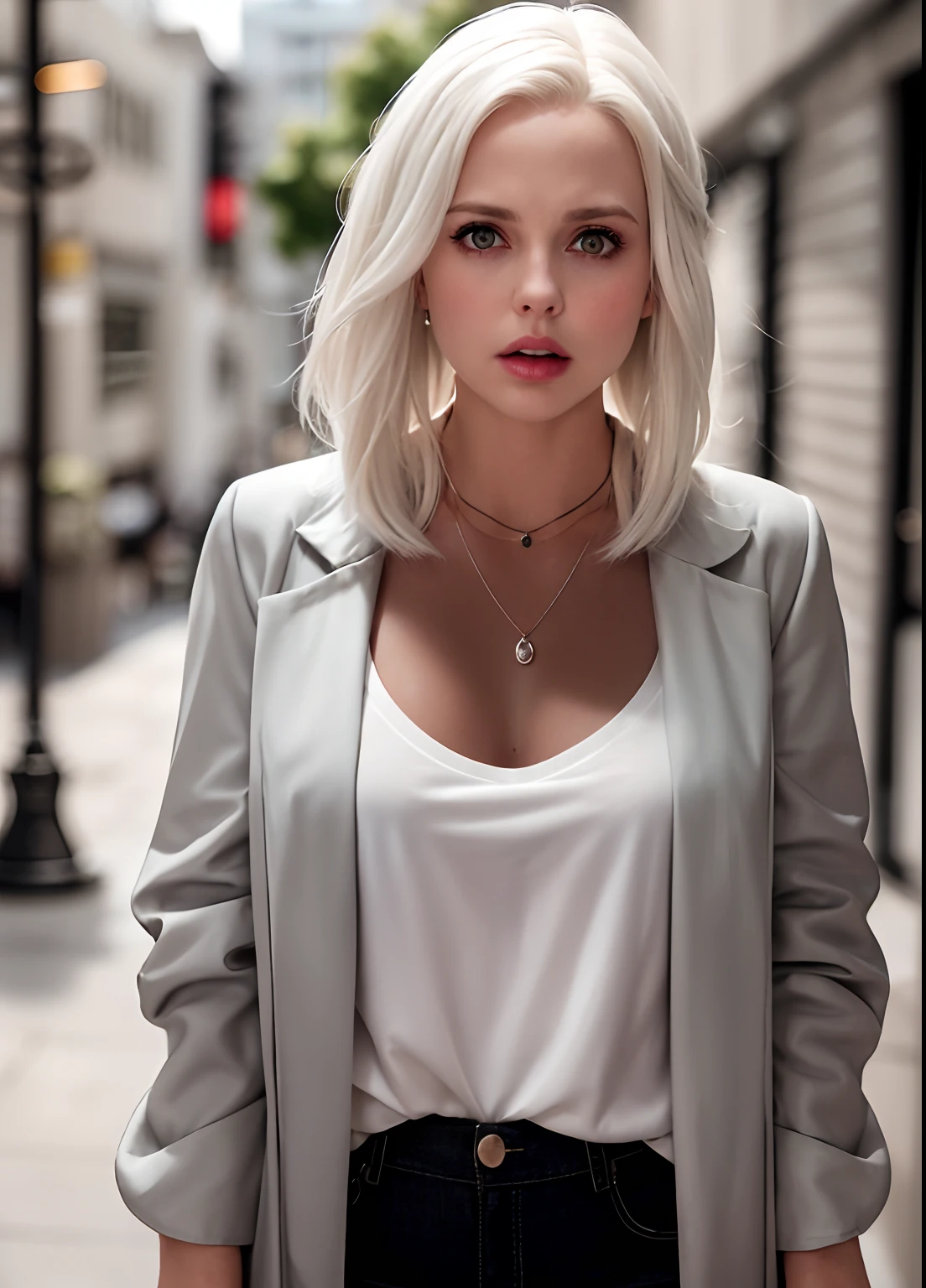 liv moore, 1girl, solo, blonde hair, white hair, jewelry, jacket, necklace, parted lips, blurry, realistic, upper body, blurry background, shirt, looking at viewer, open jacket, meme, open clothes, grey shirt, long hair, lips