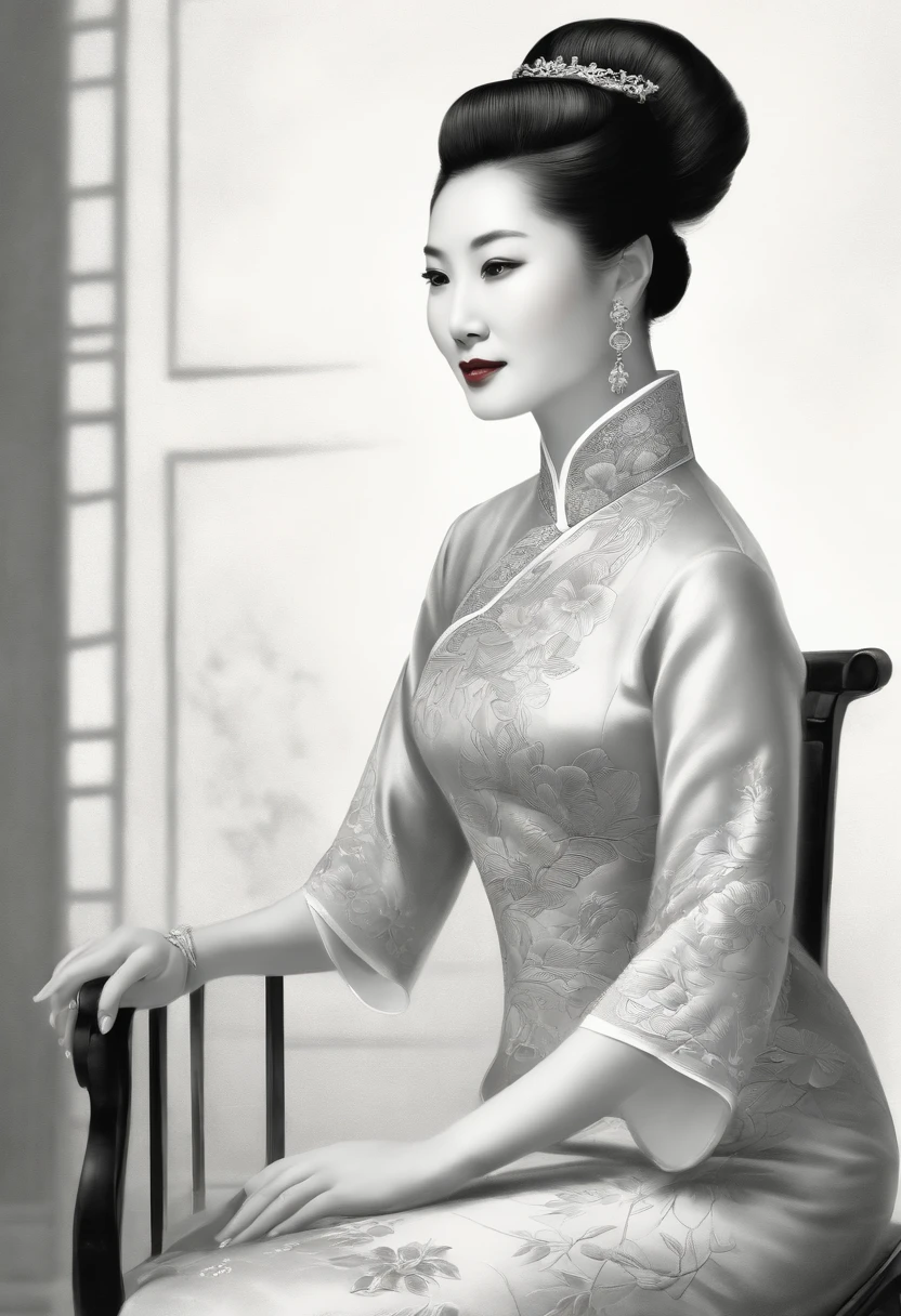 Coarse charcoal sketch on old paper, A Republican woman from the Chinese Republican era, exuding a dignified and elegant temperament, is wearing a traditional cheongsam dress. She is depicted sitting gracefully on a antique chair placed in a well-lit room. The artwork is rendered in black and white tones, highlighting the realistic style of the painting. The details of the woman's face are highly detailed, with beautiful defined eyes, lips, and a serene expression. The cheongsam dress is also meticulously depicted, showcasing its intricate patterns and flowing fabric. The overall composition exudes a sense of poise and grace, capturing the essence of the Chinese Republican era. The lighting in the room is softly diffused, casting subtle shadows and adding depth to the scene. The artwork is of the highest quality, featuring ultra-detailed and sharp focus elements. The monochromatic color palette enhances the timeless and sophisticated aesthetic of the painting, evoking a sense of nostalgia. Linear style::Sketch note style