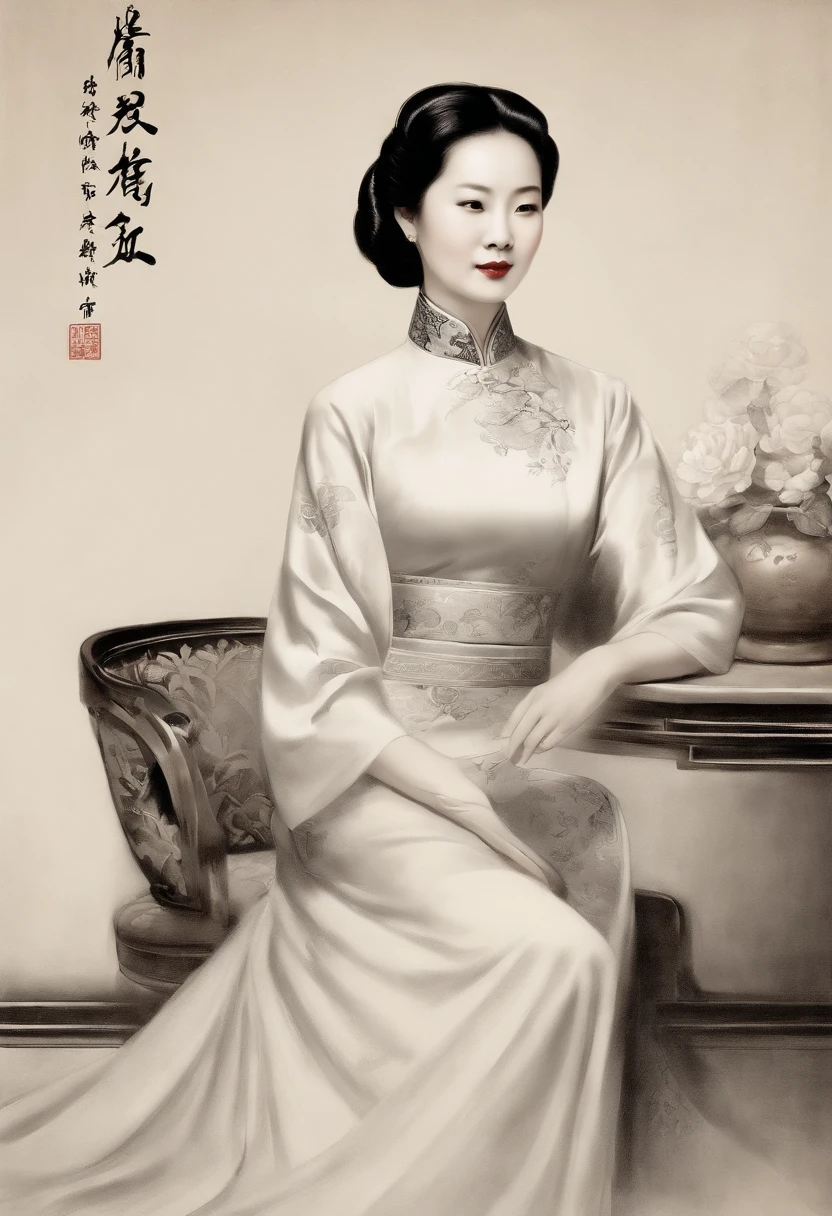 Coarse charcoal sketch on old paper, A Republican woman from the Chinese Republican era, exuding a dignified and elegant temperament, is wearing a traditional cheongsam dress. She is depicted sitting gracefully on a antique chair placed in a well-lit room. The artwork is rendered in black and white tones, highlighting the realistic style of the painting. The details of the woman's face are highly detailed, with beautiful defined eyes, lips, and a serene expression. The cheongsam dress is also meticulously depicted, showcasing its intricate patterns and flowing fabric. The overall composition exudes a sense of poise and grace, capturing the essence of the Chinese Republican era. The lighting in the room is softly diffused, casting subtle shadows and adding depth to the scene. The artwork is of the highest quality, featuring ultra-detailed and sharp focus elements. The monochromatic color palette enhances the timeless and sophisticated aesthetic of the painting, evoking a sense of nostalgia. Linear style::Sketch note style