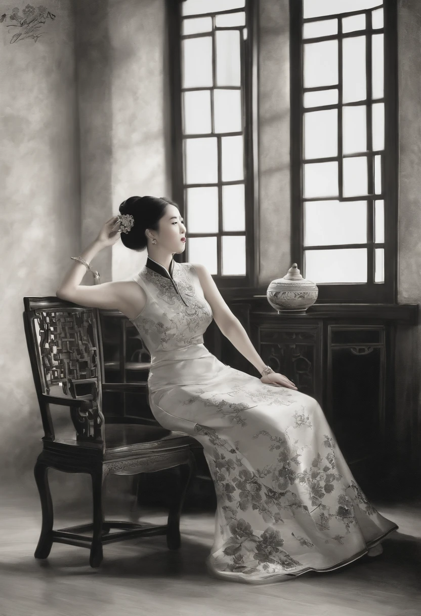 Coarse charcoal sketch on old paper, A Republican woman from the Chinese Republican era, exuding a dignified and elegant temperament, is wearing a traditional cheongsam dress. She is depicted sitting gracefully on a antique chair placed in a well-lit room. The artwork is rendered in black and white tones, highlighting the realistic style of the painting. The details of the woman's face are highly detailed, with beautiful defined eyes, lips, and a serene expression. The cheongsam dress is also meticulously depicted, showcasing its intricate patterns and flowing fabric. The overall composition exudes a sense of poise and grace, capturing the essence of the Chinese Republican era. The lighting in the room is softly diffused, casting subtle shadows and adding depth to the scene. The artwork is of the highest quality, featuring ultra-detailed and sharp focus elements. The monochromatic color palette enhances the timeless and sophisticated aesthetic of the painting, evoking a sense of nostalgia. Linear style::Sketch note style