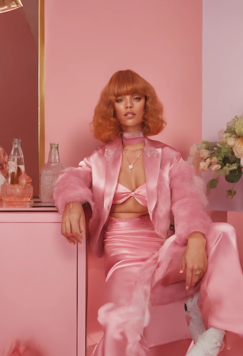 Arafe sitting on a chair while drinking a drink in the room, in style of petra collins, soda themed girl, milk bar magazine, 90s as fashion editorial, cynthwave, petra collins, lofi-girl, Larisa Manobal, in style of nan goldin, Leila Faithfull, girlboss, with full bangs