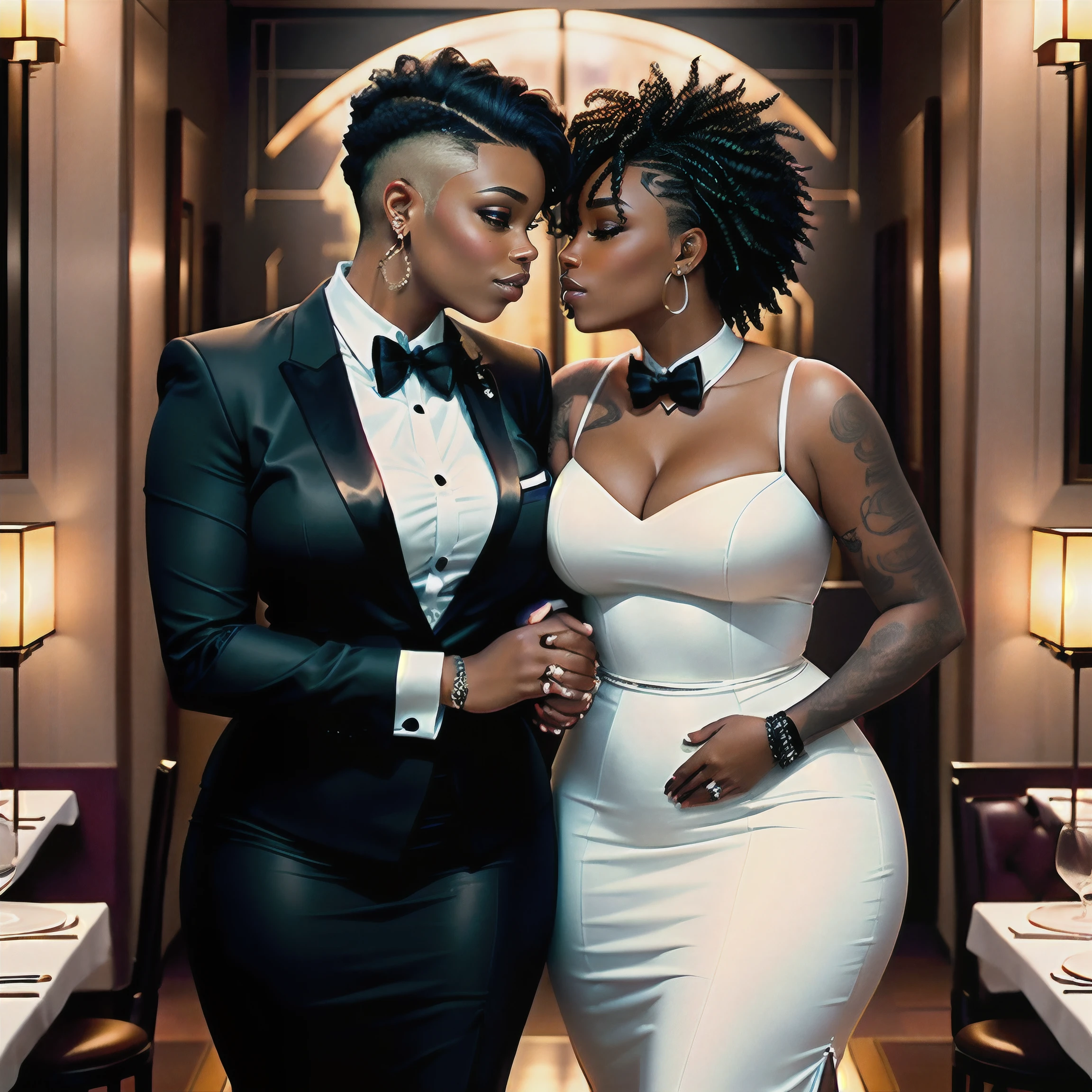 Curvy  interracial lesbian couple happy kissing, butch and femme at a wealthy restaurant dressed in black tie attire