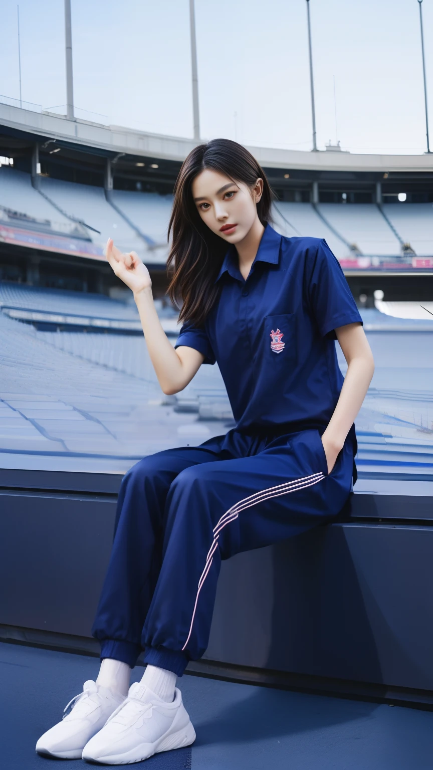 (bestquality,10,10,highres,masterpiece:1.2),ultra-detail,(Realistic,photorealistic portrait,photo-realistic:1.37),1 cute girl sitting on the football field,oily shiny skin,bara,light smile,BDclothes,((blue shirt:1.3)),short sleeves,shirt, trousers.,(navy_long_Pants Track:1.1), ((Stadium Background:1.3)),dynamic angle,excited,face focus,Dynamic Poses,from behide,Ass Focus,masterpiece, bestquality, ultra realistic, hyper-detail, 8k resolution, RAW photo, crisp focus, ((Navy blue shirt:1.1)), short sleeves, Long Path, Perfect body, 2 mature women, 18yo, cinematic light,Blue sweatpants,Gymware,Correct anatomy,Complete body, Correct body, sharp face, Anatomically correct body, full entire body, Realistic gestures, long-haired, Realistic poses,Wear long shorts.....................,Long leg span,Shapely,Sculpting Girl, Slender Figure, mannequin mannequins, Shapely, Beautiful body,Blue sweatpants