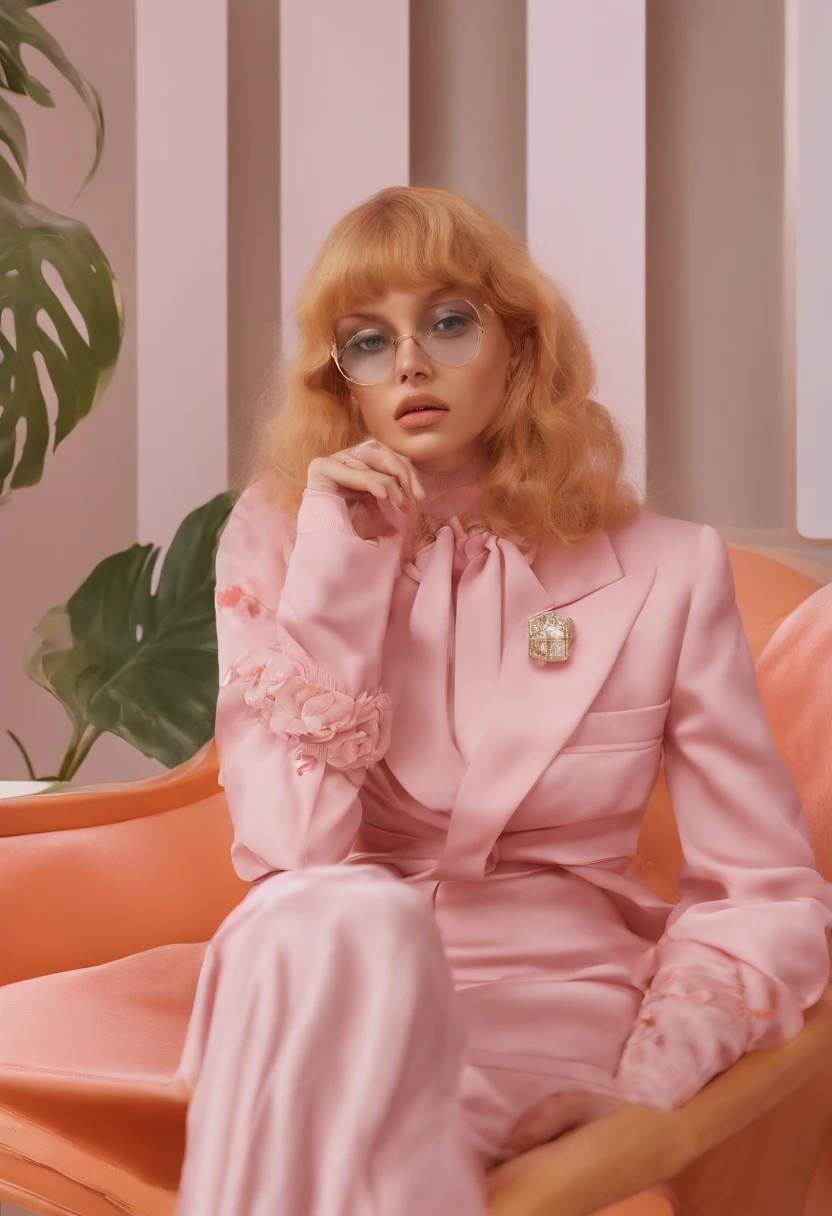Arafe sitting on a chair while drinking a drink in the room, Portrait of Leila Faithfull, Trending on Tumblr, kitsch movement, in style of petra collins, soda themed girl, milk bar magazine, 90s as fashion editorial, petra collins, cynthwave, lofi-girl, Larisa Manobal, in style of nan goldin