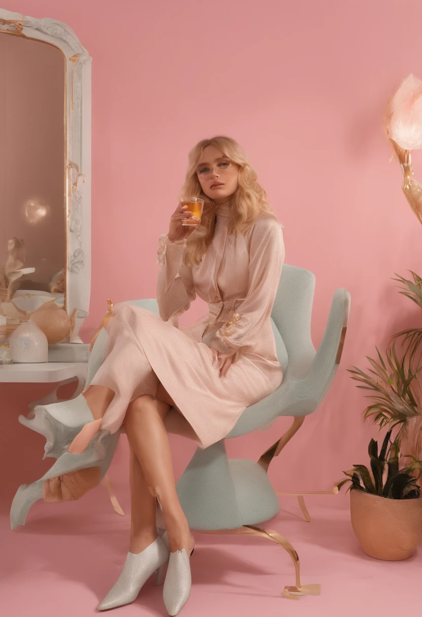 Arafe sitting on a chair while drinking a drink in the room, Portrait of Leila Faithfull, Trending on Tumblr, kitsch movement, in style of petra collins, soda themed girl, milk bar magazine, 90s as fashion editorial, petra collins, cynthwave, lofi-girl, Larisa Manobal, in style of nan goldin