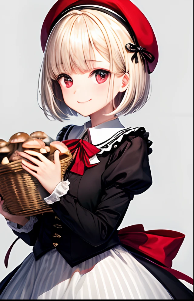 girl with、No background、without background、Background through、Golden hair、Golden white hair、short-cut、bob cuts、Subject bangs、Aligned bangs、Sareme、drooping eyebrows、Red Eyes、Red Eyes、Eyes sparkle、Sparkling eyes、Red, White and black uniform、red ta fashion、beret、Red beret、Striped ribbon、Striped pattern、mushroom、Holding a basket of mushrooms、A smile、kawaii、without background