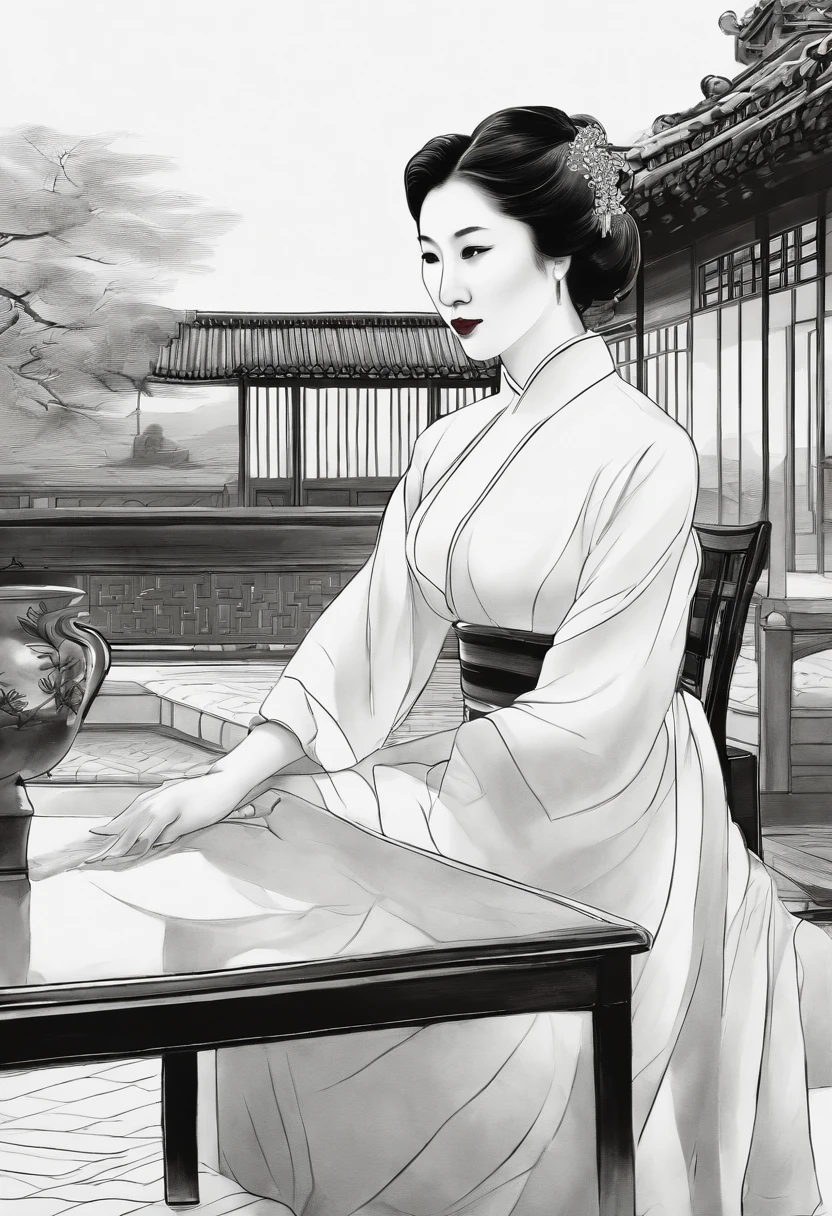 Coarse charcoal sketch on old paper, A Republican woman from the Chinese Republican era, exuding a dignified and elegant temperament, is wearing a traditional cheongsam dress. She is depicted sitting gracefully on a antique chair placed in a well-lit room. The artwork is rendered in black and white tones, highlighting the realistic style of the painting. The details of the woman's face are highly detailed, with beautiful defined eyes, lips, and a serene expression. The cheongsam dress is also meticulously depicted, showcasing its intricate patterns and flowing fabric. The overall composition exudes a sense of poise and grace, capturing the essence of the Chinese Republican era. The lighting in the room is softly diffused, casting subtle shadows and adding depth to the scene. The artwork is of the highest quality, featuring ultra-detailed and sharp focus elements. The monochromatic color palette enhances the timeless and sophisticated aesthetic of the painting, evoking a sense of nostalgia. Linear style::Sketch note style