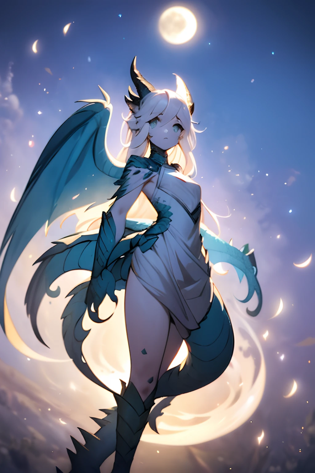 1girl, highly detailed, glowing blue eyes, wavy short white hair, demure ornate dress, masterpiece, pale blue scales, lots of pale blue scales on face, angel wings, medium chest, dragon horns, slender clawed hands, under the moon, slender figure, [feathered wings], dragon eyes