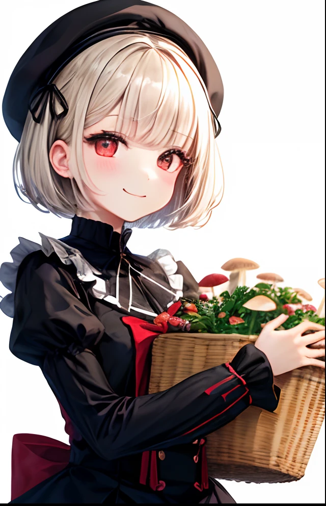 girl with、No background、without background、Background through、Golden hair、Golden white hair、short-cut、bob cuts、Subject bangs、Aligned bangs、Sareme、drooping eyebrows、Red Eyes、Red Eyes、Eyes sparkle、Sparkling eyes、Red, White and black uniform、red ta fashion、beret、Red beret、Striped ribbon、Striped pattern、mushroom、Holding a basket of mushrooms、A smile、kawaii、without background