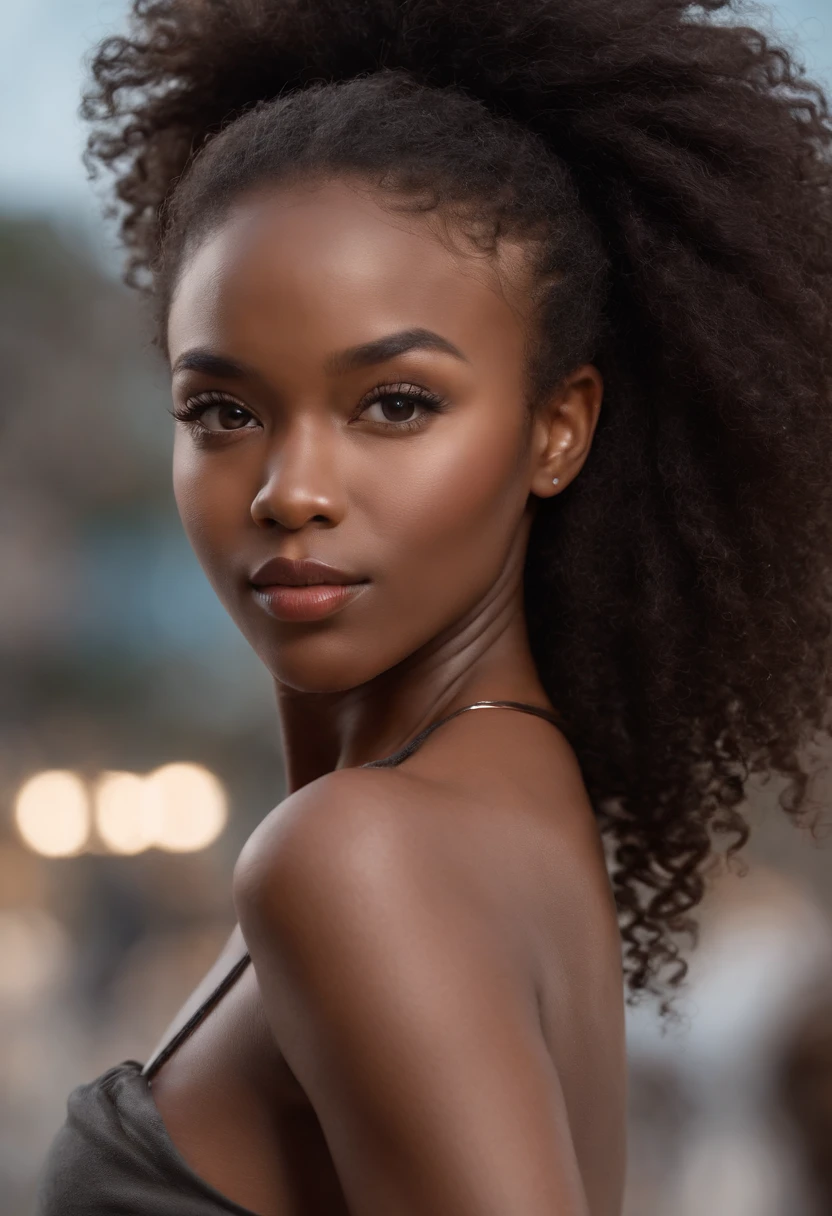 ((Piel africana oscura, very deep ebony skin)), ((Su belleza es innegable)), ((cara linda emocionada)), ((Ojos perfectos hiper detallados,)), ((Linda pose)), ((Idioma de salida)), ((seductor )), sexy, (( Camisa de malla ajustada, pantalones cortos canchas sexy)), ((Pelo largo y rizado africano cola de caballo afro,)), (( piel)), ((Get up, Vista frontal)), ((Toca tus propias piernas en una pose sexy)), ((afuera, Public city)), (( muy sexy)),Sharp-focus CGI, photoreallistic, High detail, Realstic, Obra maestra, Absurdo, La mejor calidad, HDR, alta calidad, Hi-Def, extremadamente detallado, Fondo de pantalla de 8k, Detalles intrincados, 8k UHD, Full HD, (Foto realista:1.2), contraste, intense illumination, Cinematic lighting, natural lighting, Luz dura, Contre-Jour, global ilumination, ambient-occlusion