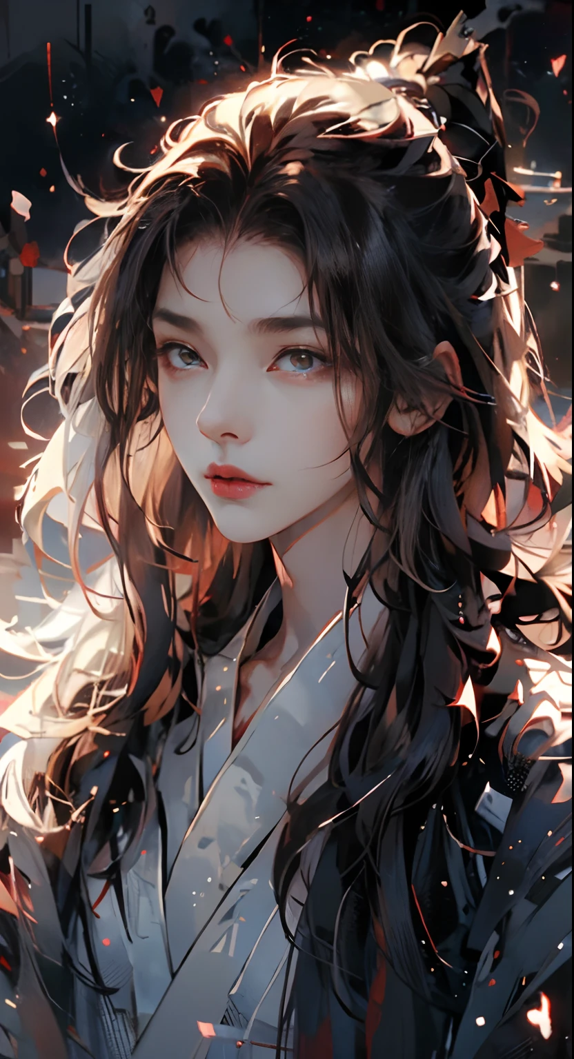 (Extremely Delicately Beautiful:1.2), 8K, (tmasterpiece, Best:1.0), , (Long_brunette color hair_Hair_Male:1.5), Upper body body, A long_Furry man,the hair，The red silk headband is tied high，cool and seductive, Evil_Gaze, Wear black and red hanfu,Villains，Blackened handsome guy， and intricate detailing, and intricate detailing, finely eye and detailed face, Perfect eyes, Deep red eyes, Dark, Eerie lights and shadows、white room background、 Uses backlight and rim light