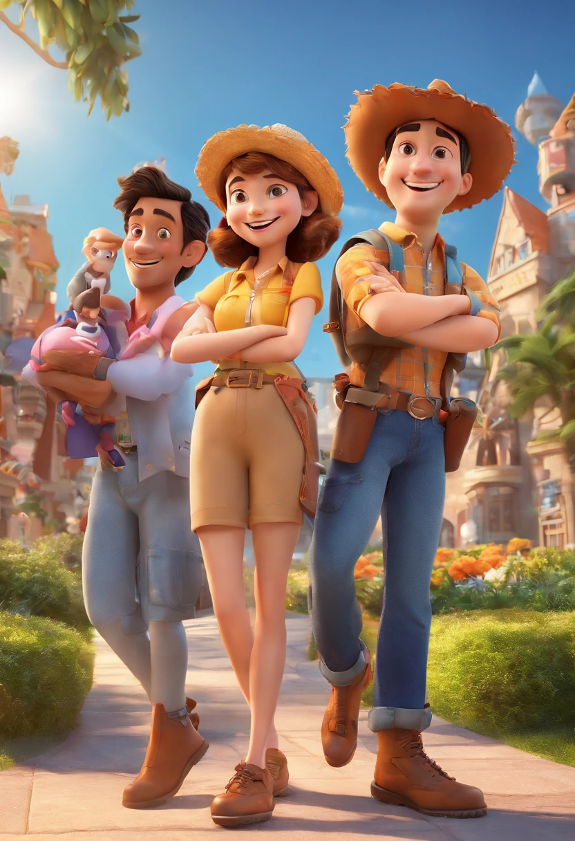 Cartoon of employee having fun together, piquenique, vacation, Dia do Colaborador, 3D Animation Movie Poster, Animated Movie Poster, pixar 3 d animation style, pixar renderman rendering, Maia 8 mil, animated film, Disney Pixar Estilo 3D, Camisa azul clara, cream brown pants, uniforme do empregado, ao ar livre, vacation, Disney Pixar Animation Poster