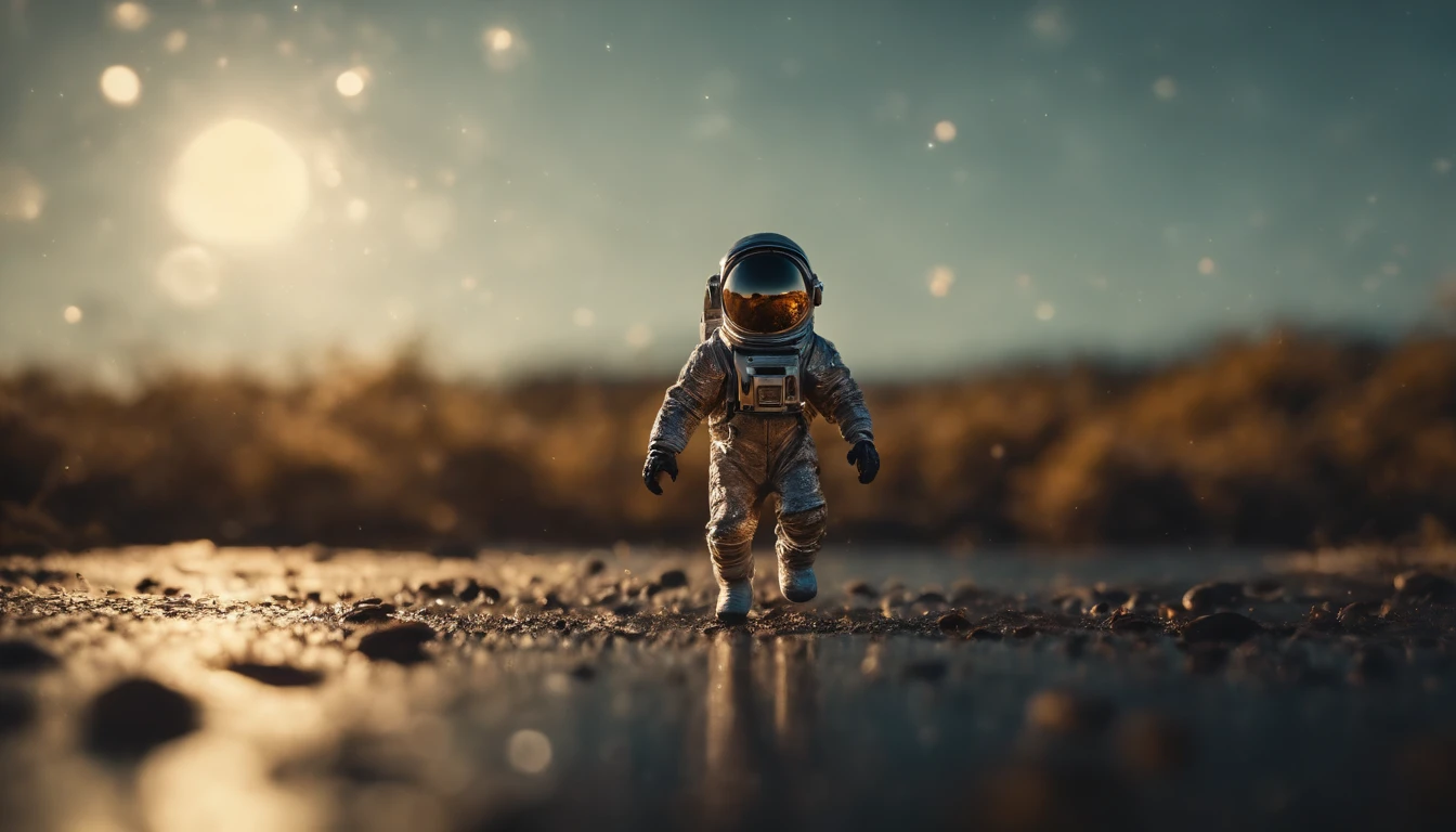 micro abstract splatter, shapes, colors, with a tiny astronaut  running in the middle, desktop background, shallow depth of field