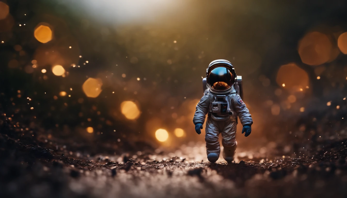 micro abstract splatter, shapes, colors, with a tiny astronaut  running in the middle, desktop background, shallow depth of field