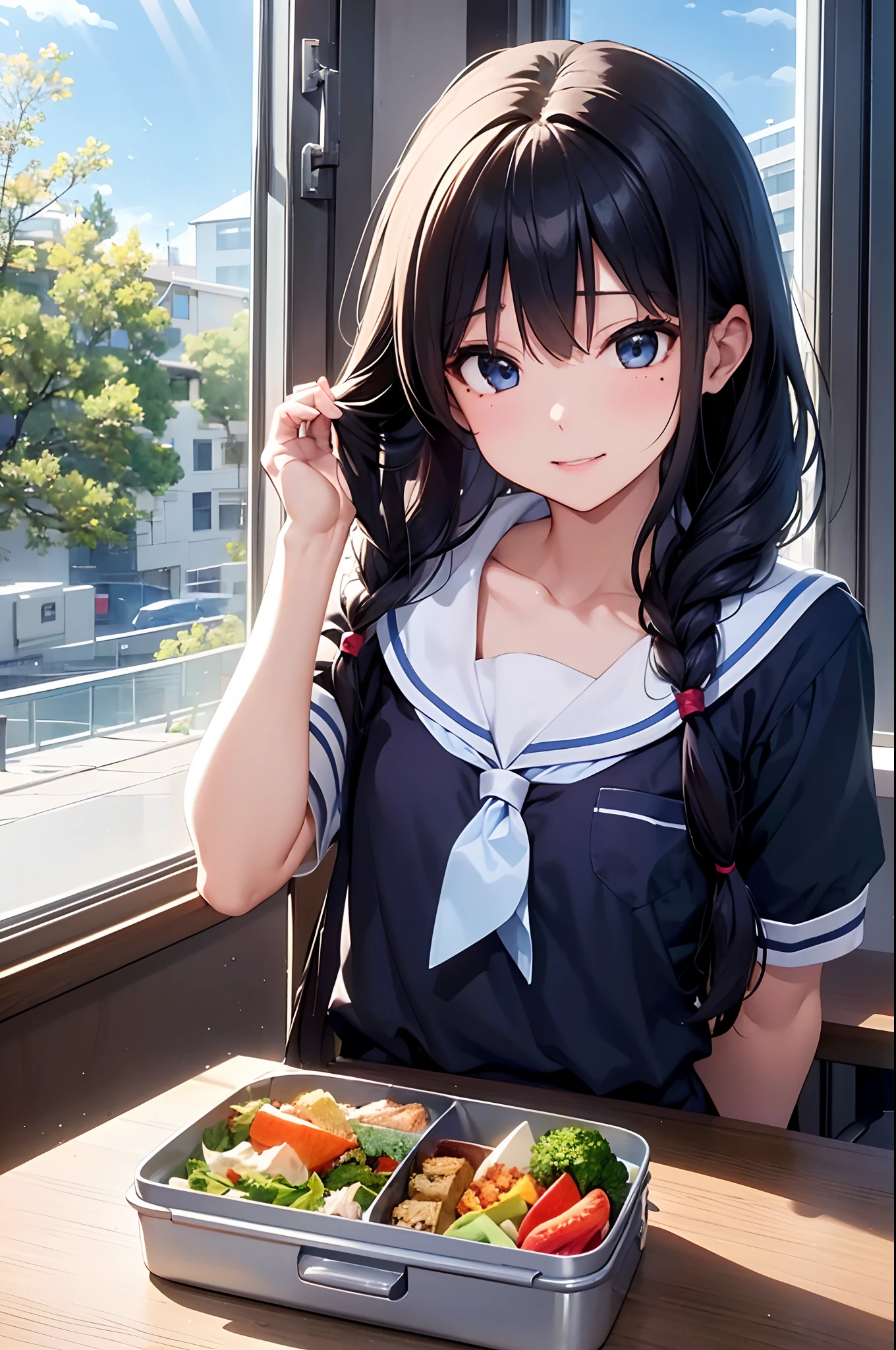 (Girl with a nasty appearance:1.1)、(Daytime:1.5)、(and chest:1.4)、Raw photography, top-quality, hight resolution, (masterpiece), (Photorealsitic:1.4), (Mole under the eyes),Anime Cosplay, foco nítido, nffsw, 8K分辨率, intricate detailes, depth of fields, the Extremely Detailed CG Unity 8K Wallpapers, front lit, femele,25-years old、 His lips are smiling、(tying hair:1.5)、(Medium Showtrain Bo Hair)、(School Uniforms:1.3)、blue eyess,(Lunch box on the desk:1.5)、(Blue sky seen from the window:1.3)、(Full body depiction)、(Sit across from each other:1.2)、Tree seen from the window々、lunch、