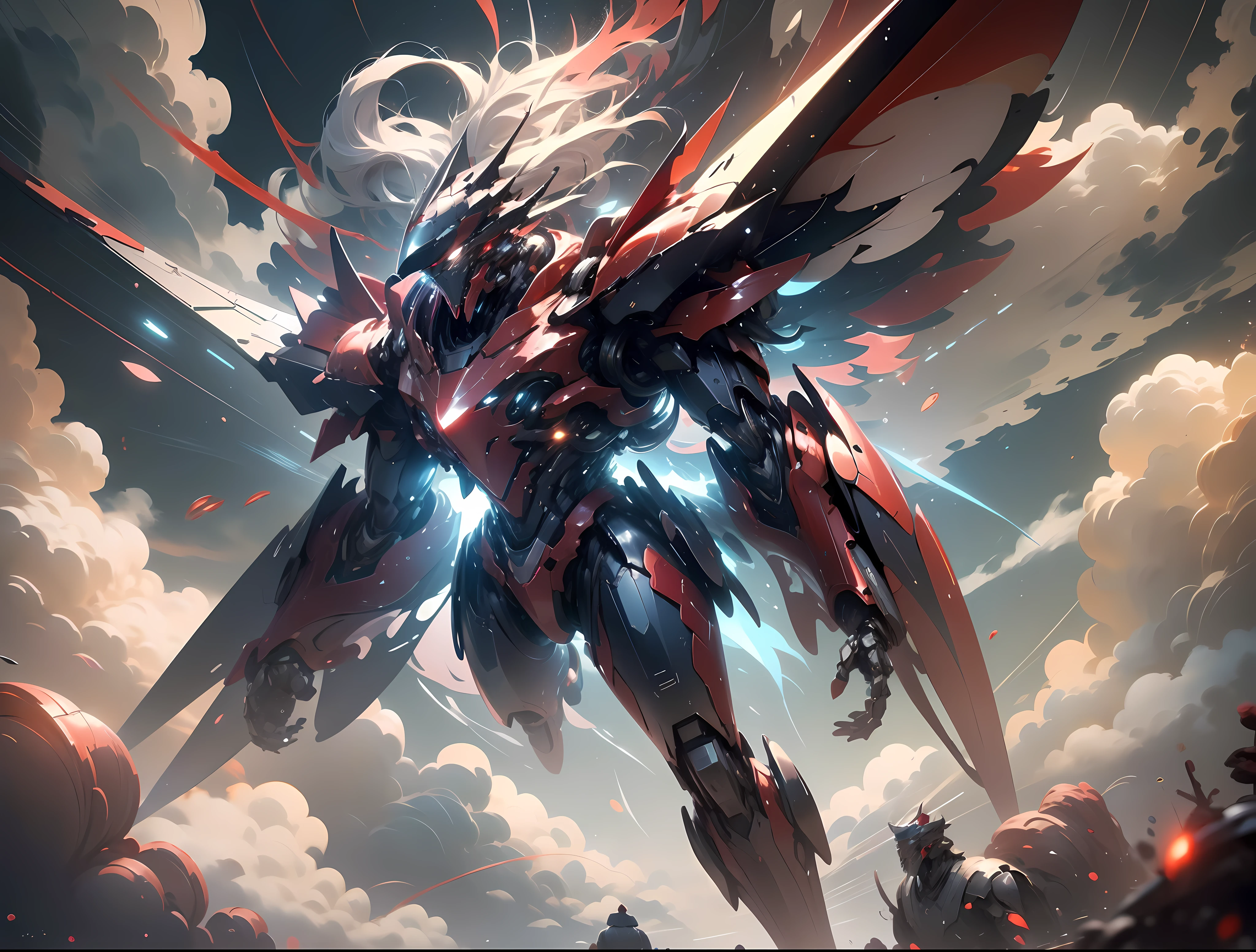 (best quality,high-res, masterpieces:1.2), aerial view, soaring, diving, energetic, motion blur:1.4, sky, clouds, wielding weapons, (dominant color: red:1.4), nocturnal, glowing eyes, robots, inside a mech, exquisite fairy tale costumes, ancient Chinese attire