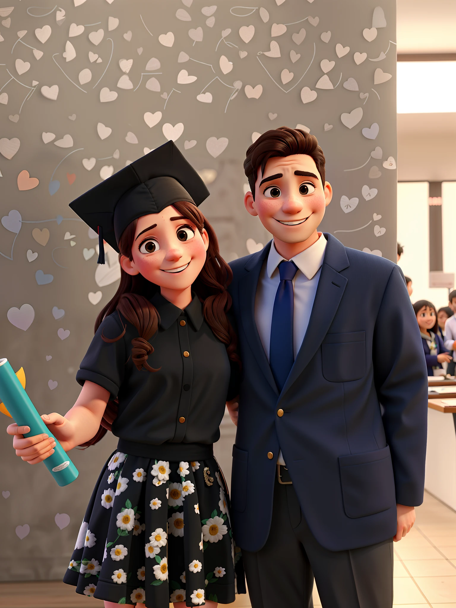 Girl who graduated hugging with man, sorrindo muito