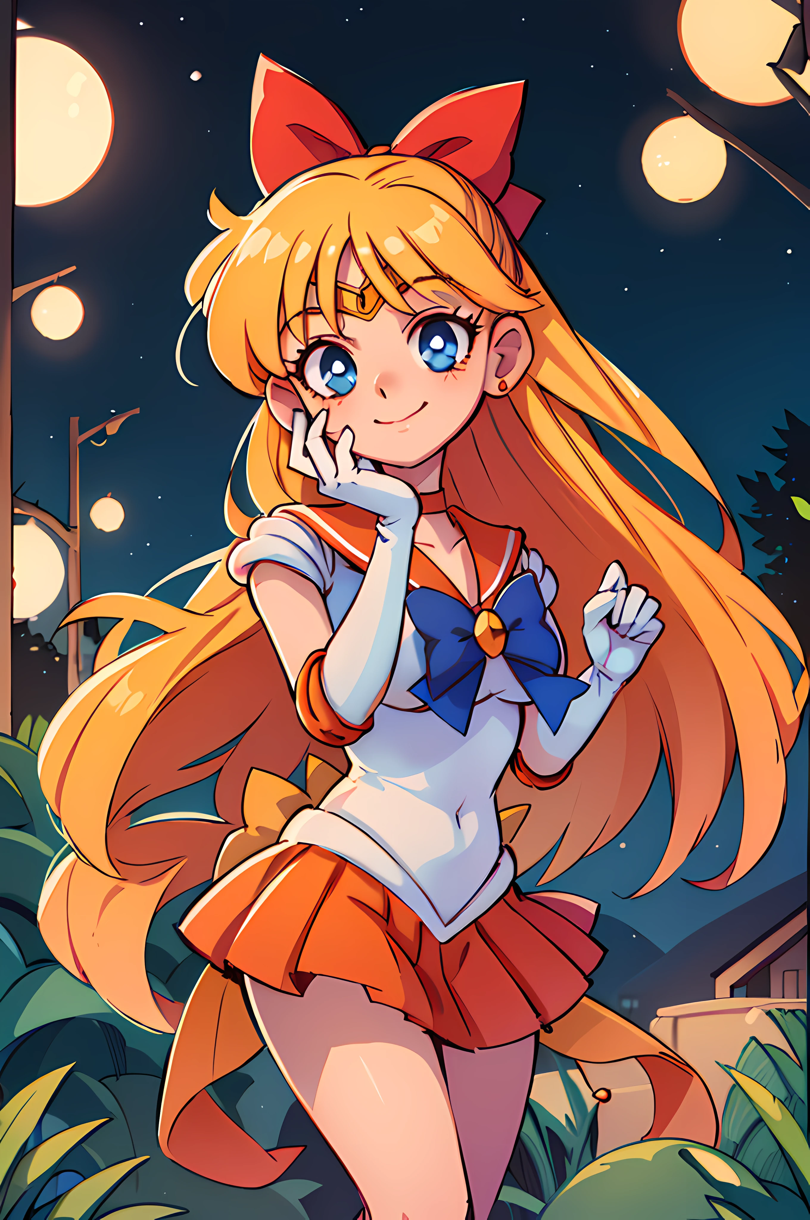 masterpiece, best quality, highres, sv1, sailor senshi uniform, orange skirt, elbow gloves, tiara, pleated skirt, miniskirt, red bow, orange choker, white gloves, jewelry, blonde hair, slight smile, looking at the viewer, night city, starry sky, portrait, face portrait