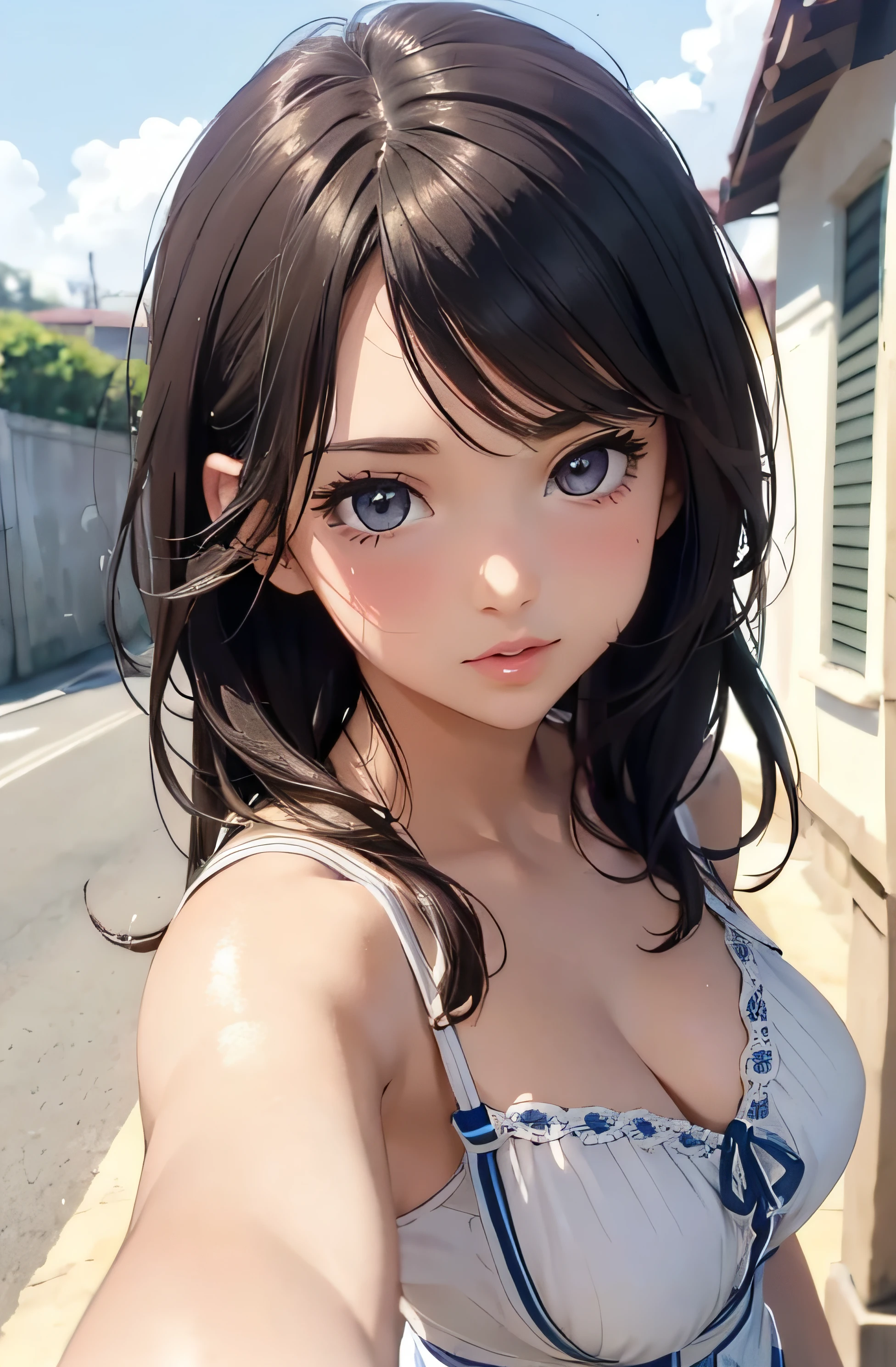 girl in summer clothes, white t-shirt, shorts, pantyhose or long stockings, making as if she wants to kiss you, (girl bending down looking at the camera), medium breasts, cleavage, random background, flirtatious look, ((very detailed)), (perfectly detailed face), (well detailed hand) photorealistic image.