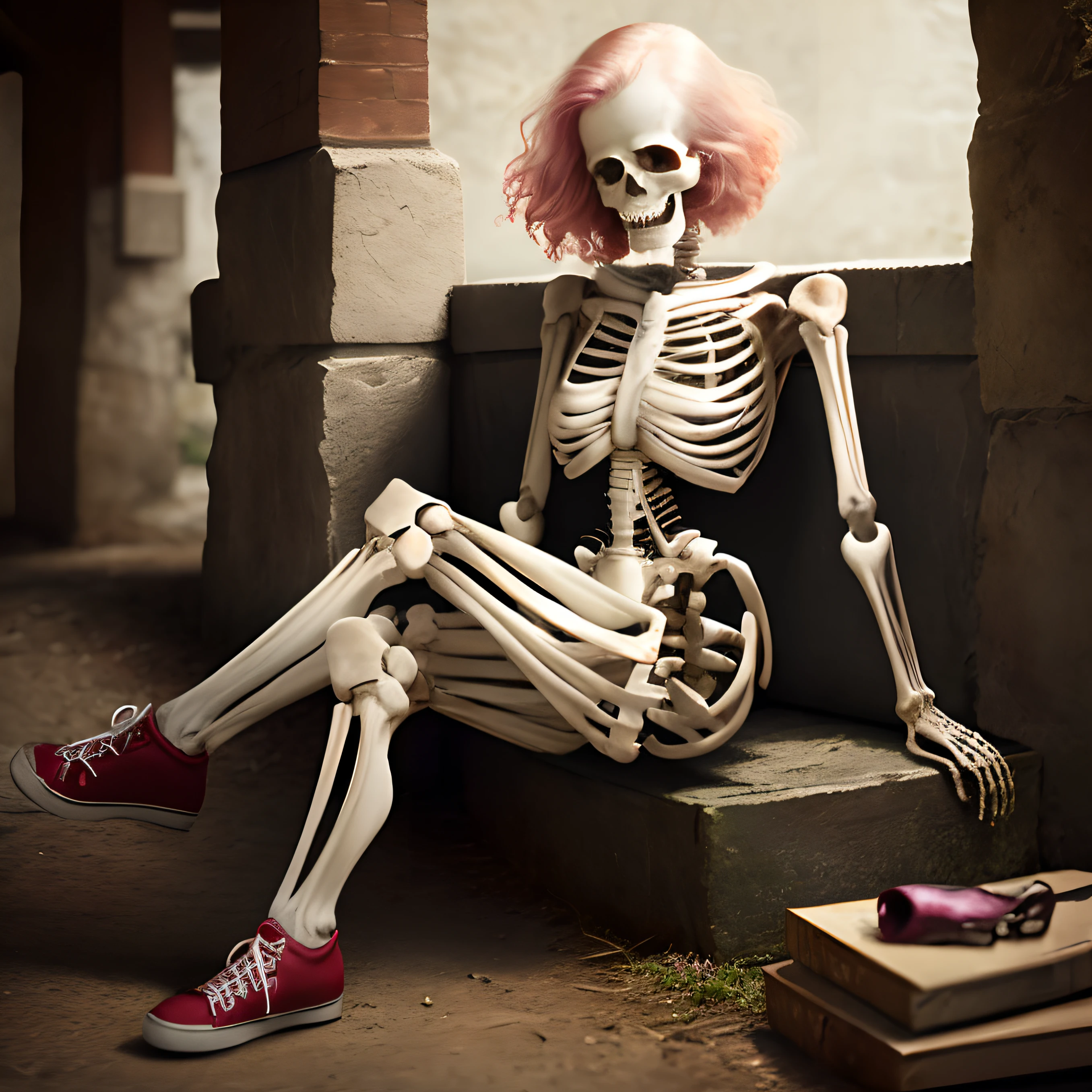 Woman skeleton, realistic, HD, photography, with red shoes, pink gloves, blonde hair