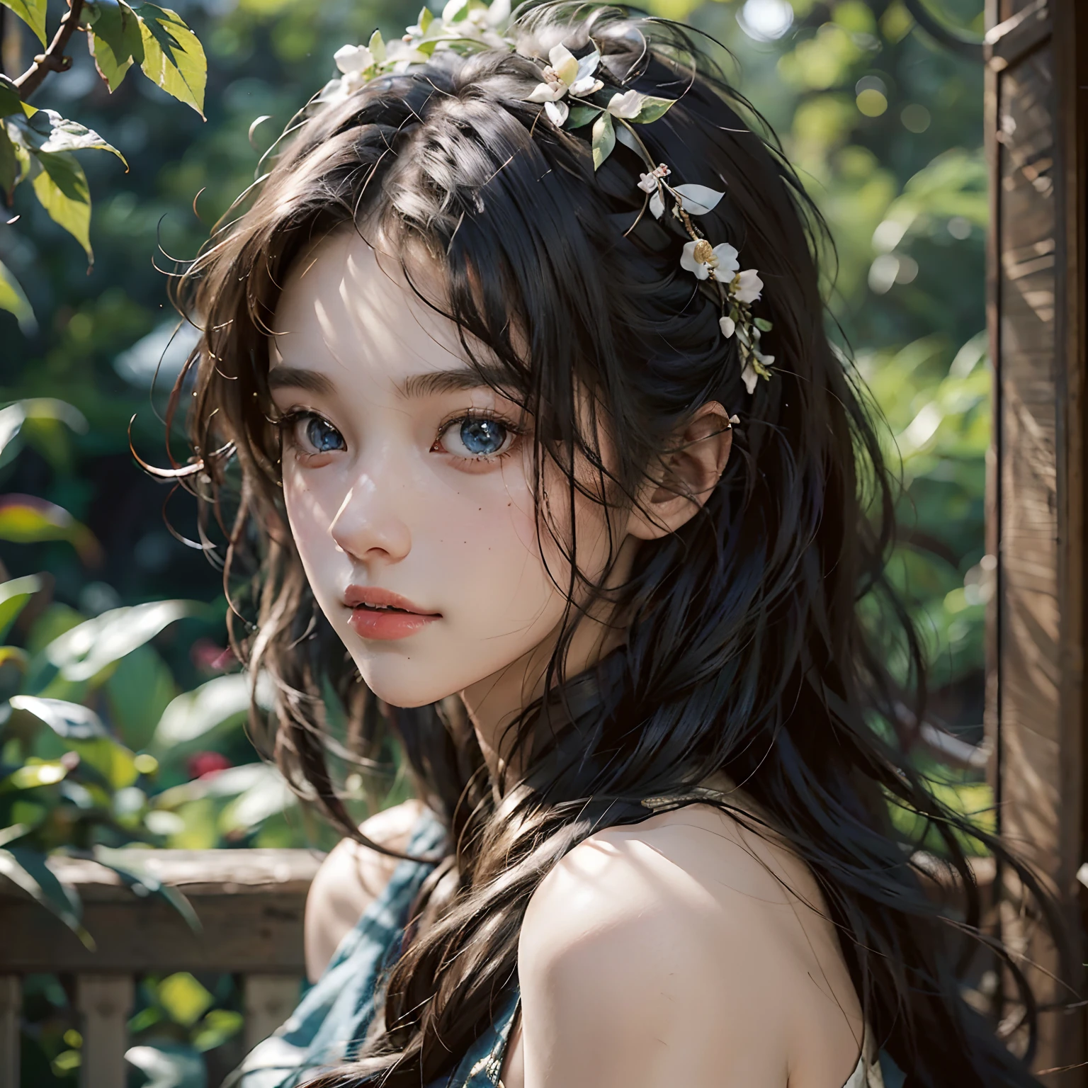 Best Quality, masutepiece, 超A high resolution, (Photorealistic:1.4), Raw photo, 1girl in, off shoulders, Long Pony Hair, Indoor, Summer noon,Detailed eyes,(Lifelike eyes),delicated face,realskin,Detailed hair,Detailed skin,Beautiful face,