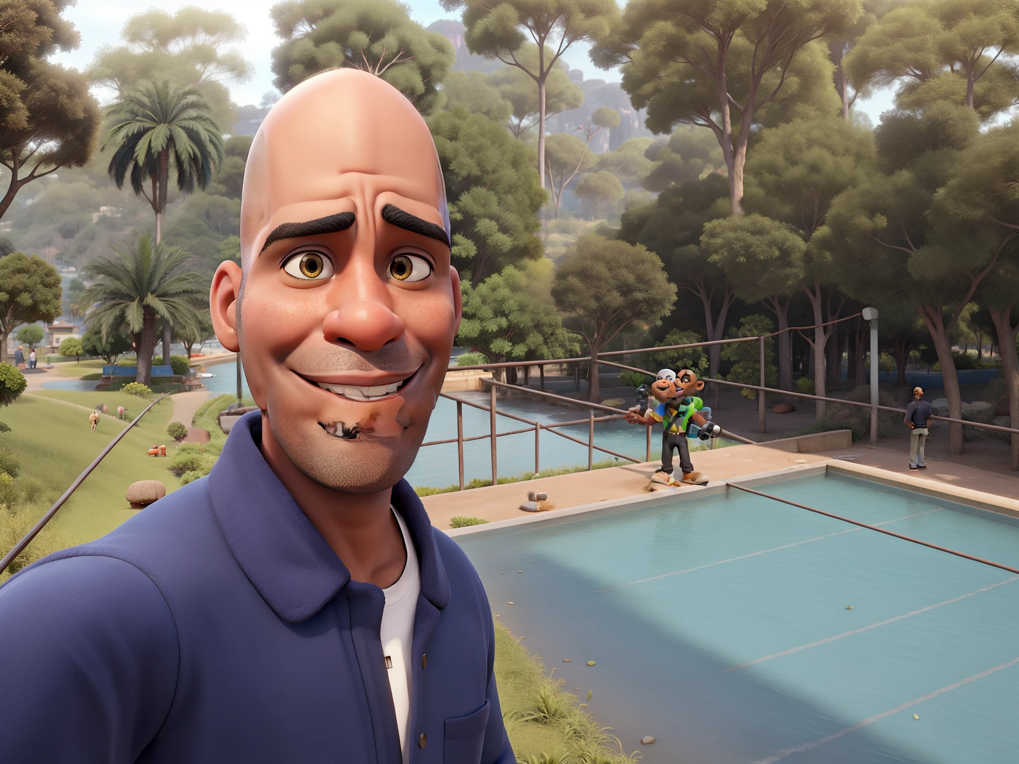 A bald black man, in Disney Pixar style, holding a camera, in a fafela in Rio de Janeiro