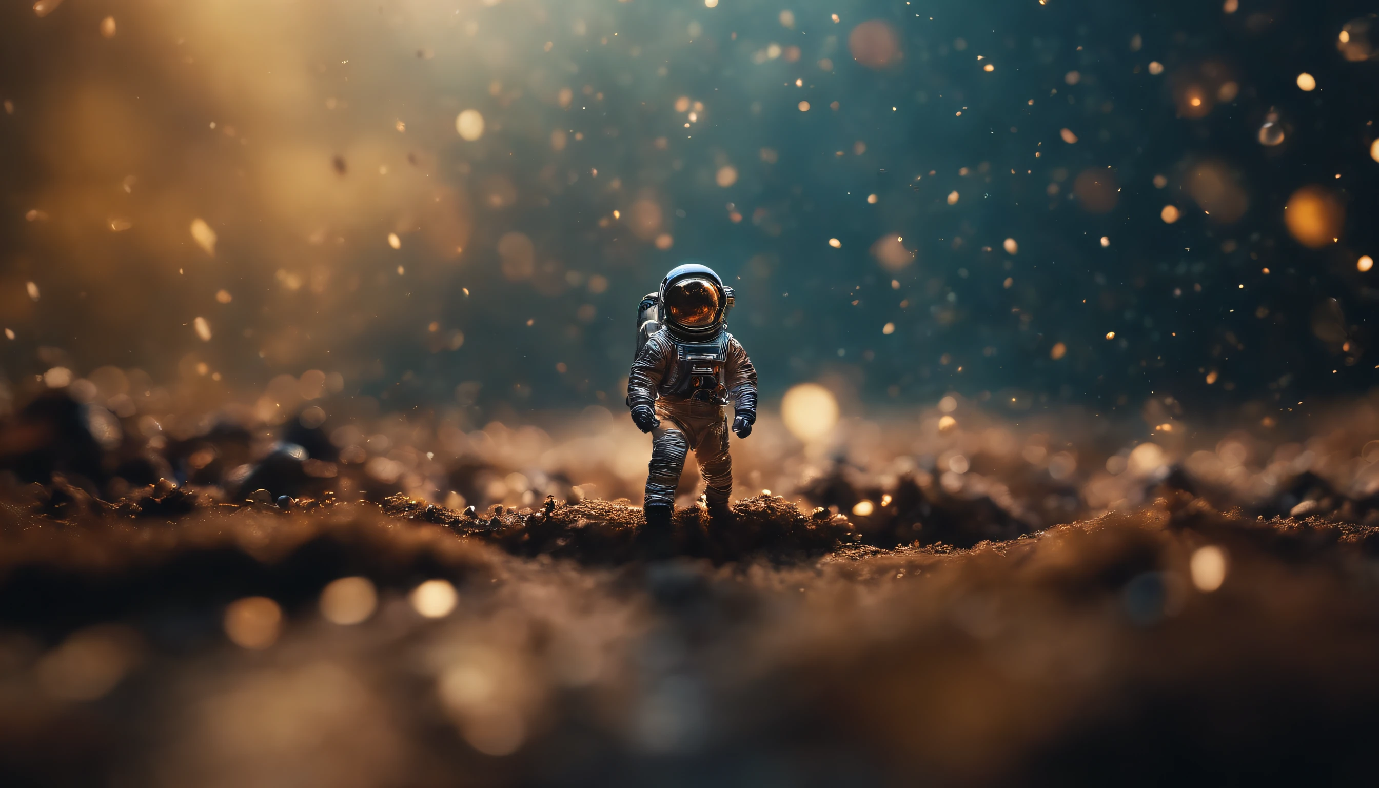 micro abstract splatter, shapes, colors, with a tiny astronaut running in the middle, desktop background, shallow depth of field