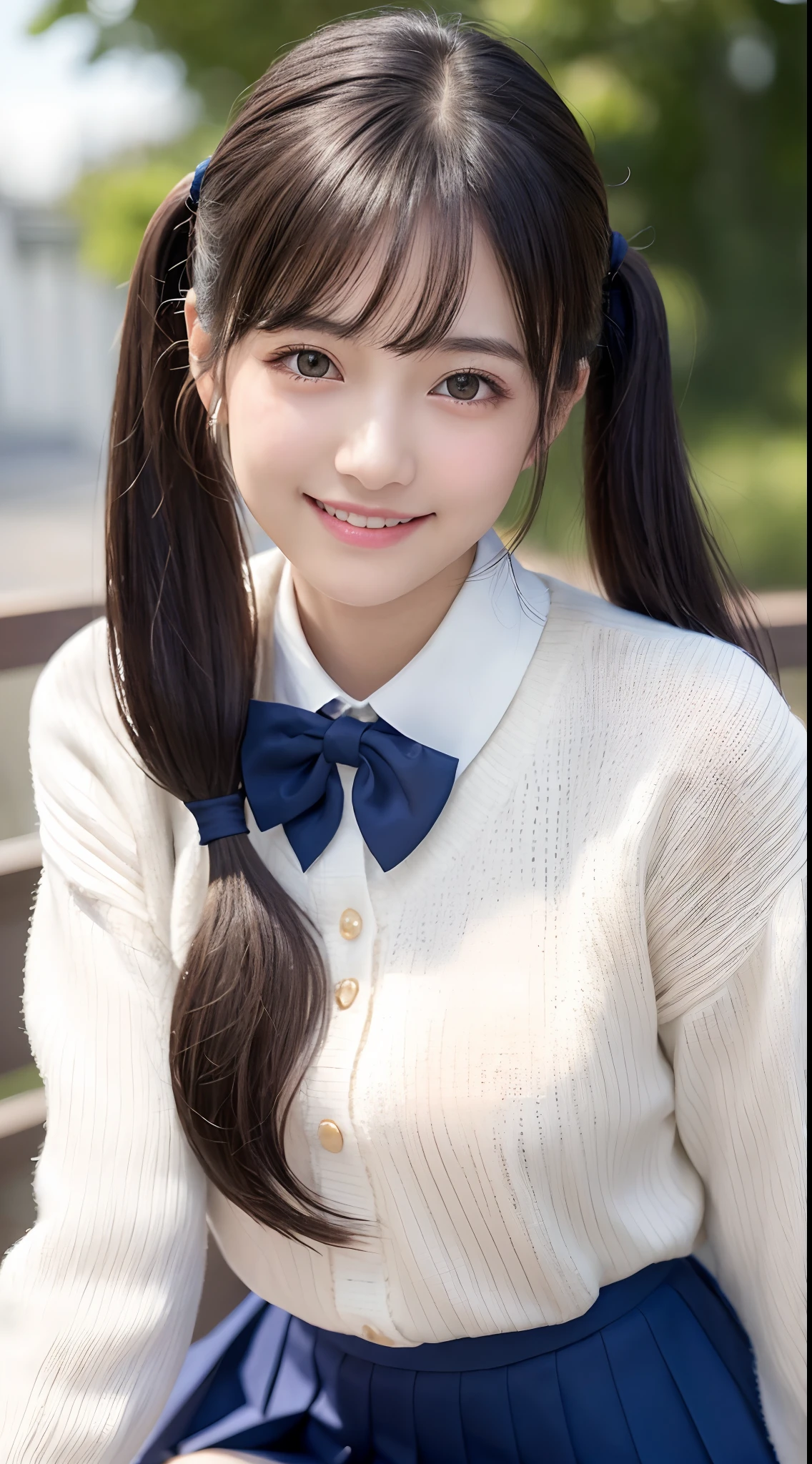 (twintails)、(masutepiece:1.3), High resolution, ultra-detailliert, the Extremely Detailed CG Unity 8K Wallpapers, Realistic, Photorealsitic, Raw photo, beautifull detailed face, pale skin, Realistic glitter skin, Detailed Cloth Texture, detailed hair texture, Beautiful face, acurate, Anatomically correct, Highly detailed facial and skin texture, Natural neck length, (Fair skin:1.2), 独奏、A dark-haired、swept bangs、Japan Female, 17 years old、A detailed eye,,Harajuku、Cute realistic photos((smile1.6⦆、White Sweater Uniform、Collared shirt、School Uniforms mini Skirt、school classrooms