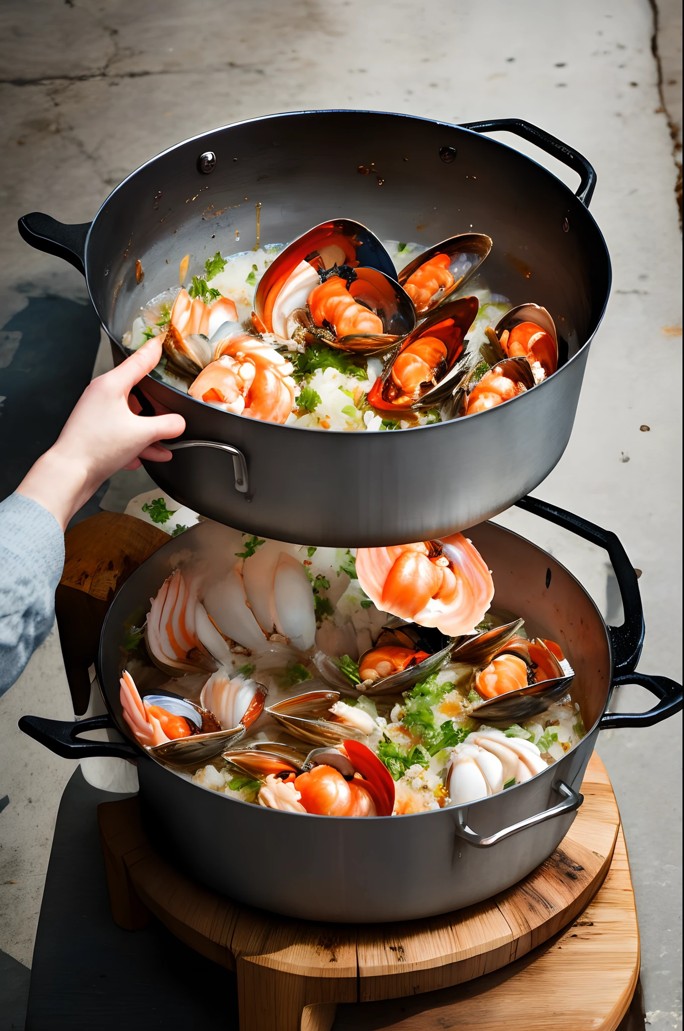 Rabbi putting raw shellfish in a pot