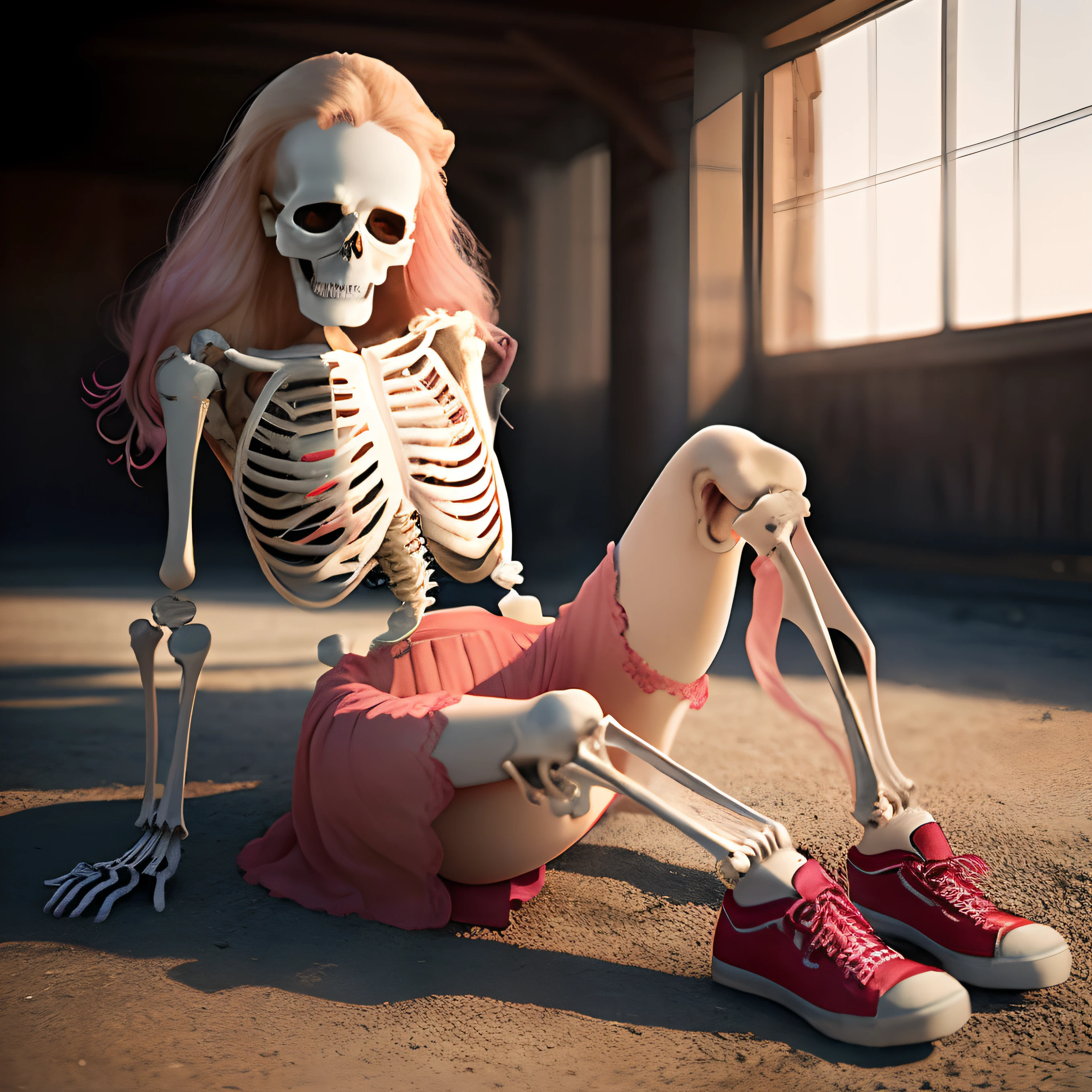 Woman skeleton, realistic, HD, photography, with red shoes, pink gloves, blonde hair