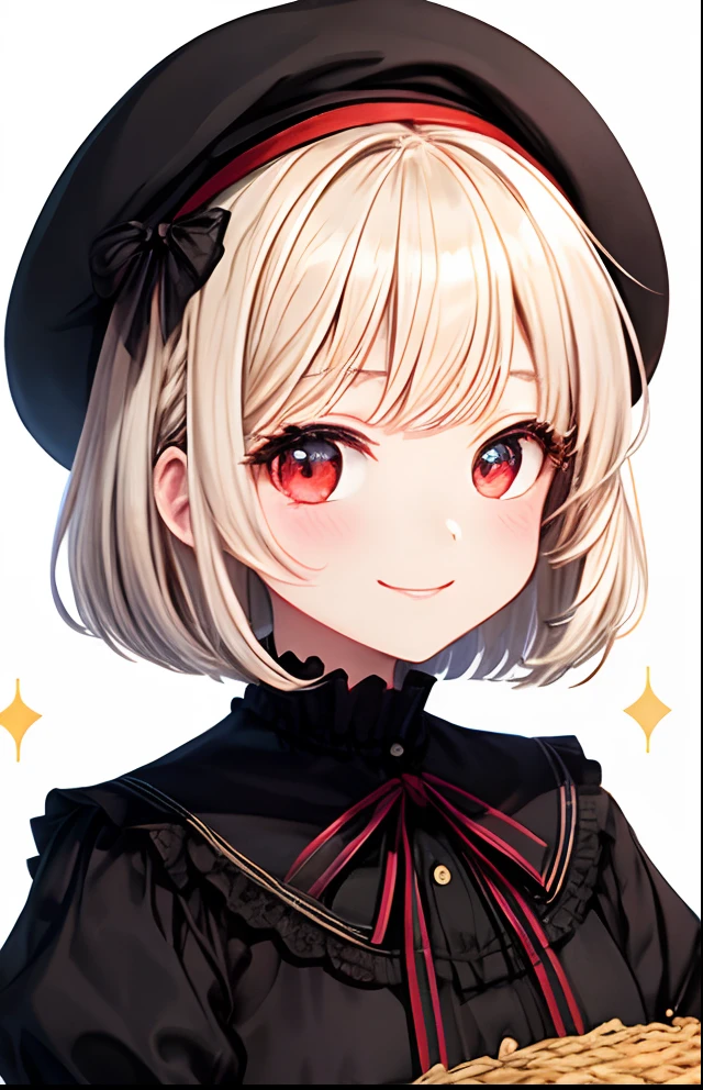 girl with、No background、without background、Background through、Golden hair、Golden white hair、short-cut、bob cuts、Subject bangs、Aligned bangs、Sareme、drooping eyebrows、Red Eyes、Red Eyes、Eyes sparkle、Sparkling eyes、Black uniform、red lolita fashion、Black beret、Red beret、Striped ribbon、Striped pattern、mushroom、Holding a basket of mushrooms、A smile、kawaii、without background