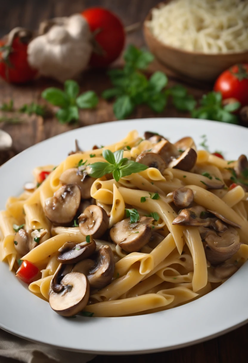 A plate of delicious mushroom chicken pasta