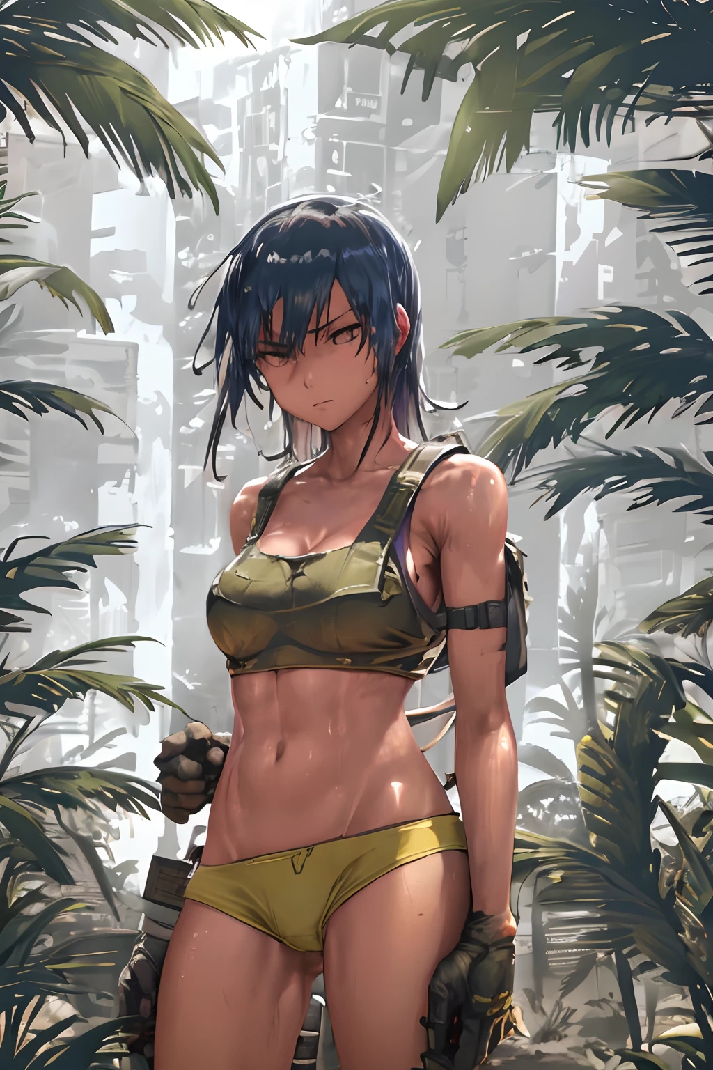 bra and yellow panty, serious, dominant, seductive, sexy, military, desert,Tactical Armor, Sun, hot, jungle, sleeveless, perfect hands, wet, wetting, summer, water, sunny. Illustration, backpack, adventurer.