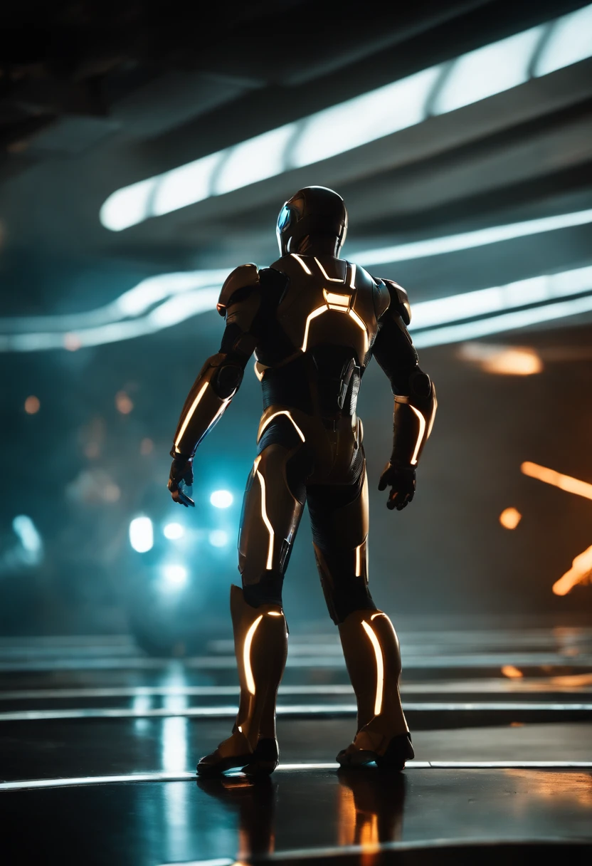 Tron Combined with Ironman, walking in tron legacy, battle scene, fire, explosions