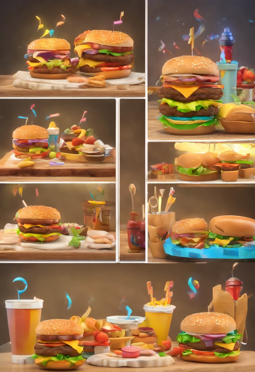 desenho animado de pessoas comendo hamburguers na lanchonete com placa escrito : baguncinha poconeano. Disney Pixar Animation Poster