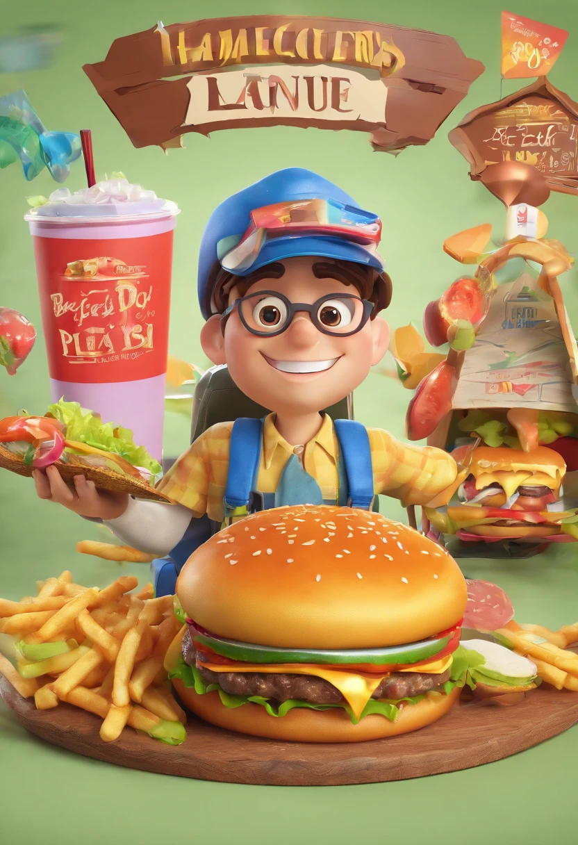 desenho animado de pessoas comendo hamburguers na lanchonete com placa escrito : baguncinha poconeano. Disney Pixar Animation Poster