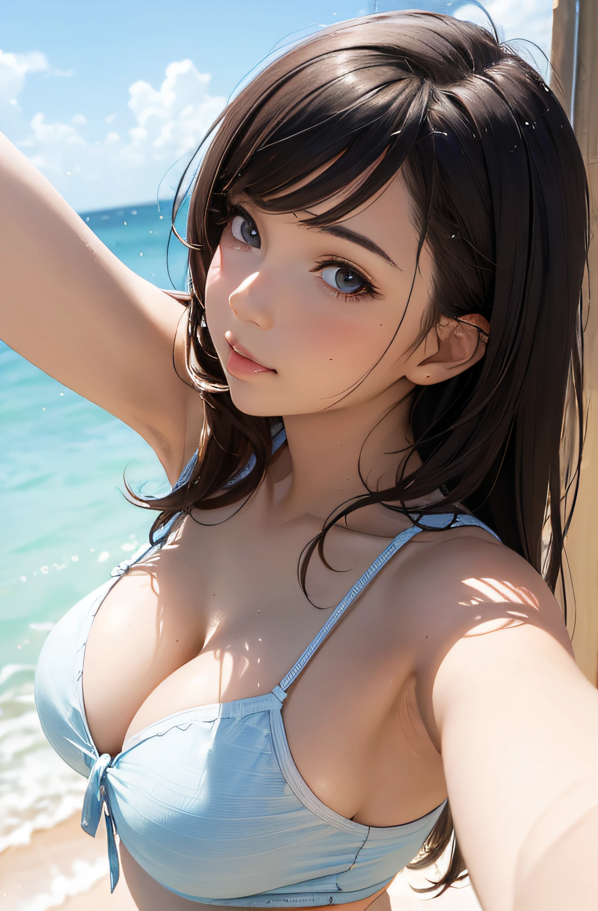 girl in summer clothes, side shot,((selfie)), random background, kiss, beautiful, medium breasts, flirtatious look, ((very detailed)), (perfectly detailed face), (well detailed hand), photorealistic image.