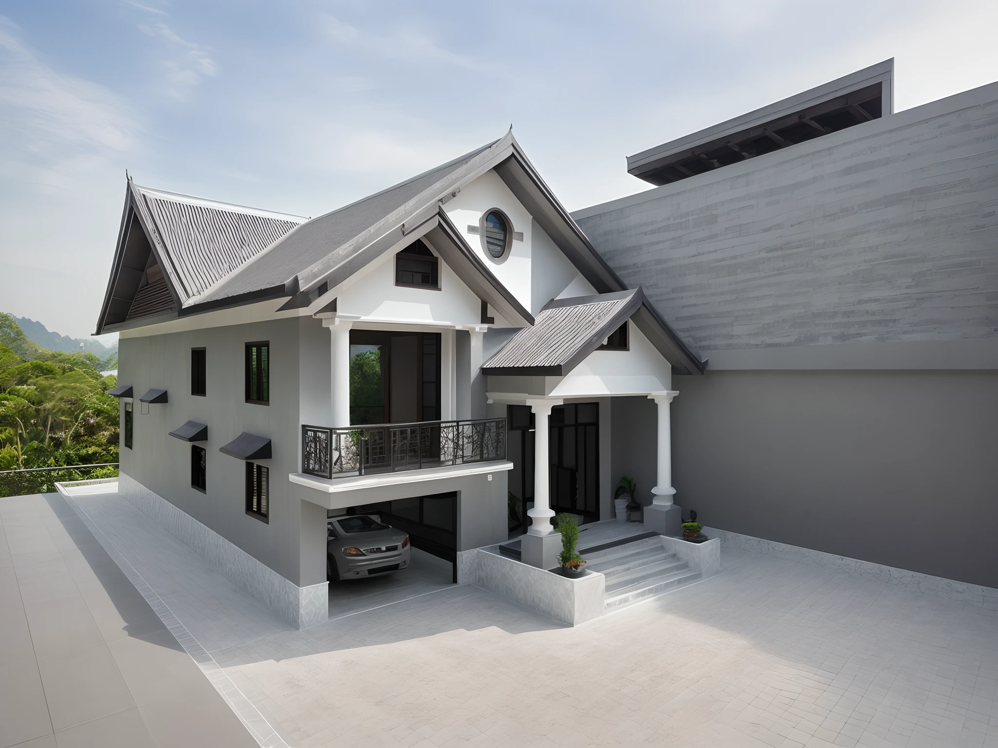 THAI ROOF HOUSE, GRANITE LEVEL, Artistic iron balcony railing, WHITE WALL PAINT, GRAY TILE, GARAGE