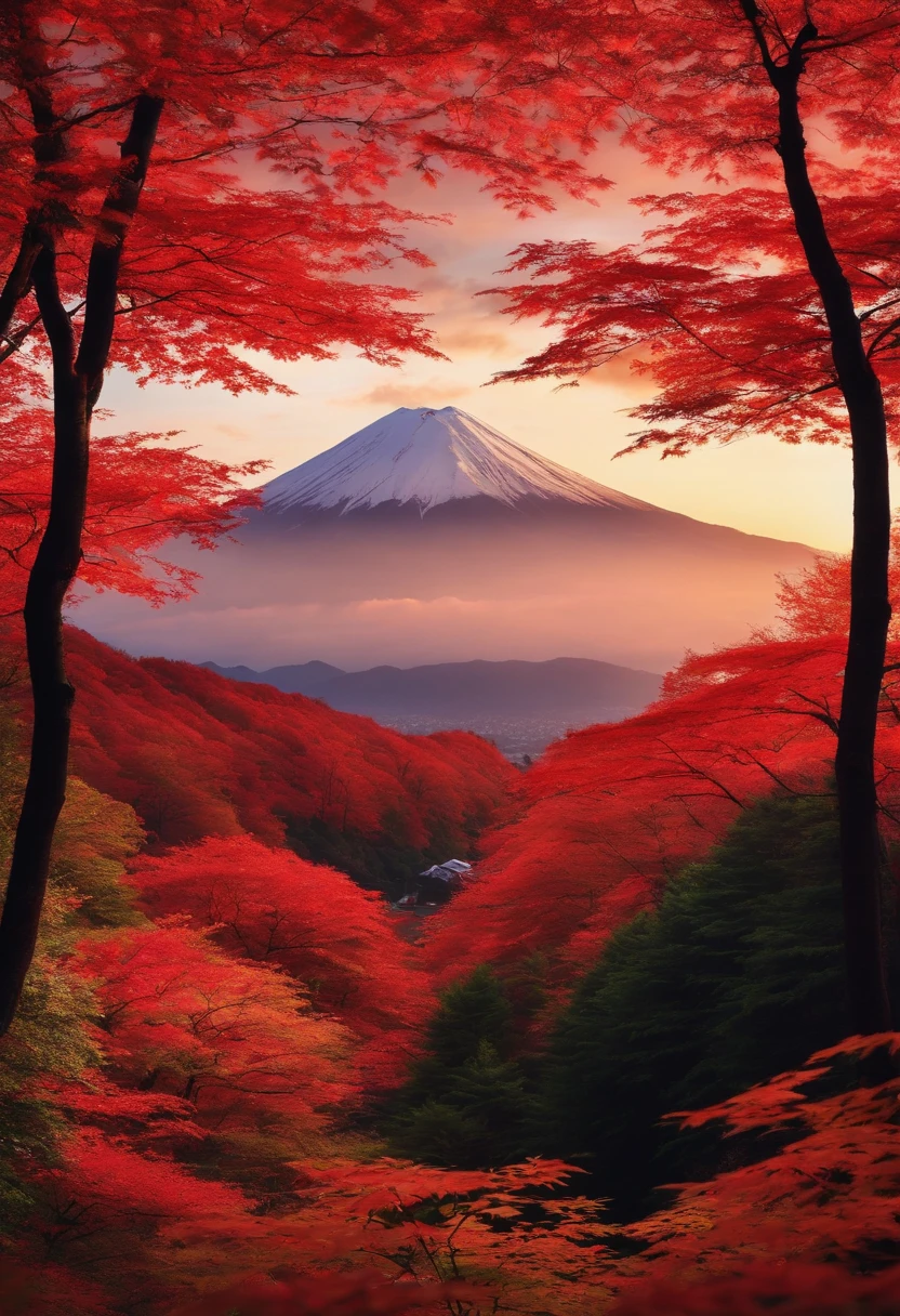 mountain fuji with red maple leaves