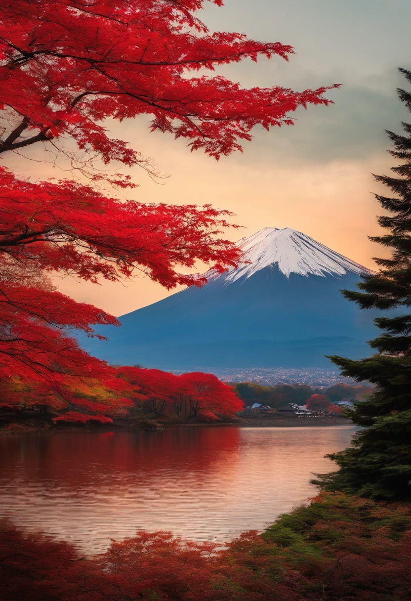 mountain fuji with red maple leaves