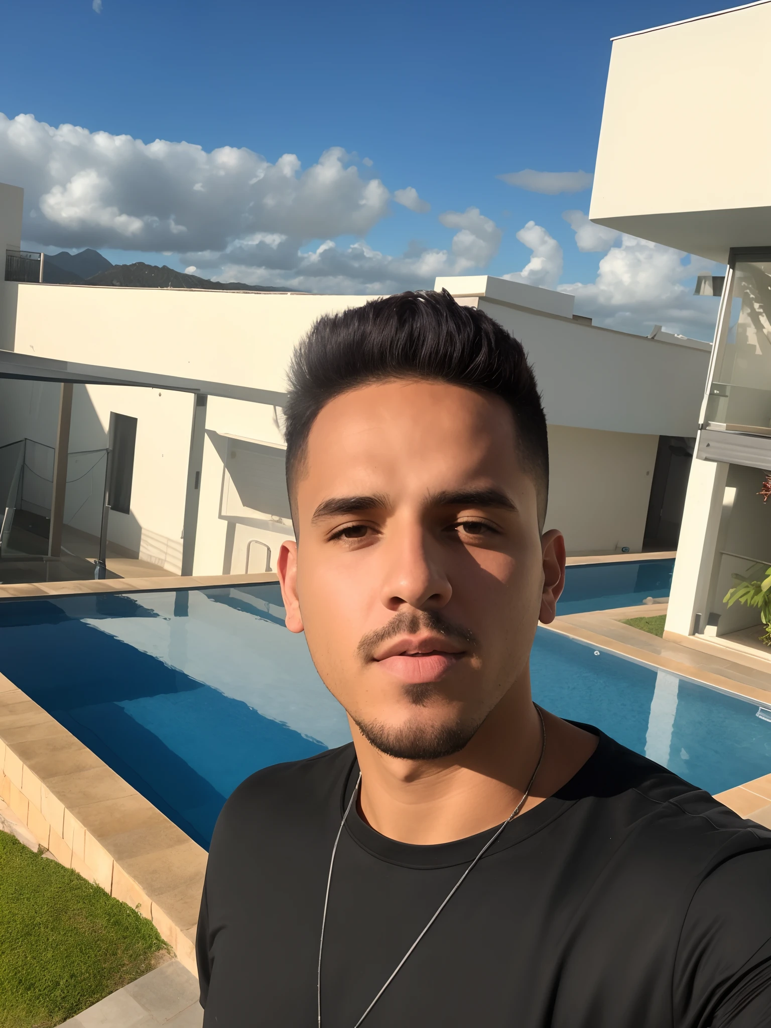 There's a man standing in front of a swimming pool, mateus 9 5, imagem frontal, Aykut Aydogdu, Alex, Condutor de Ene, Borja, Streamer do Twitch / Jogador Ludwig, Fotografia selfie 8k, imagem do avatar, Jovem espanhol, caio santos, 21 anos, Mateo Dineen, paradise in the background, david rios ferreira