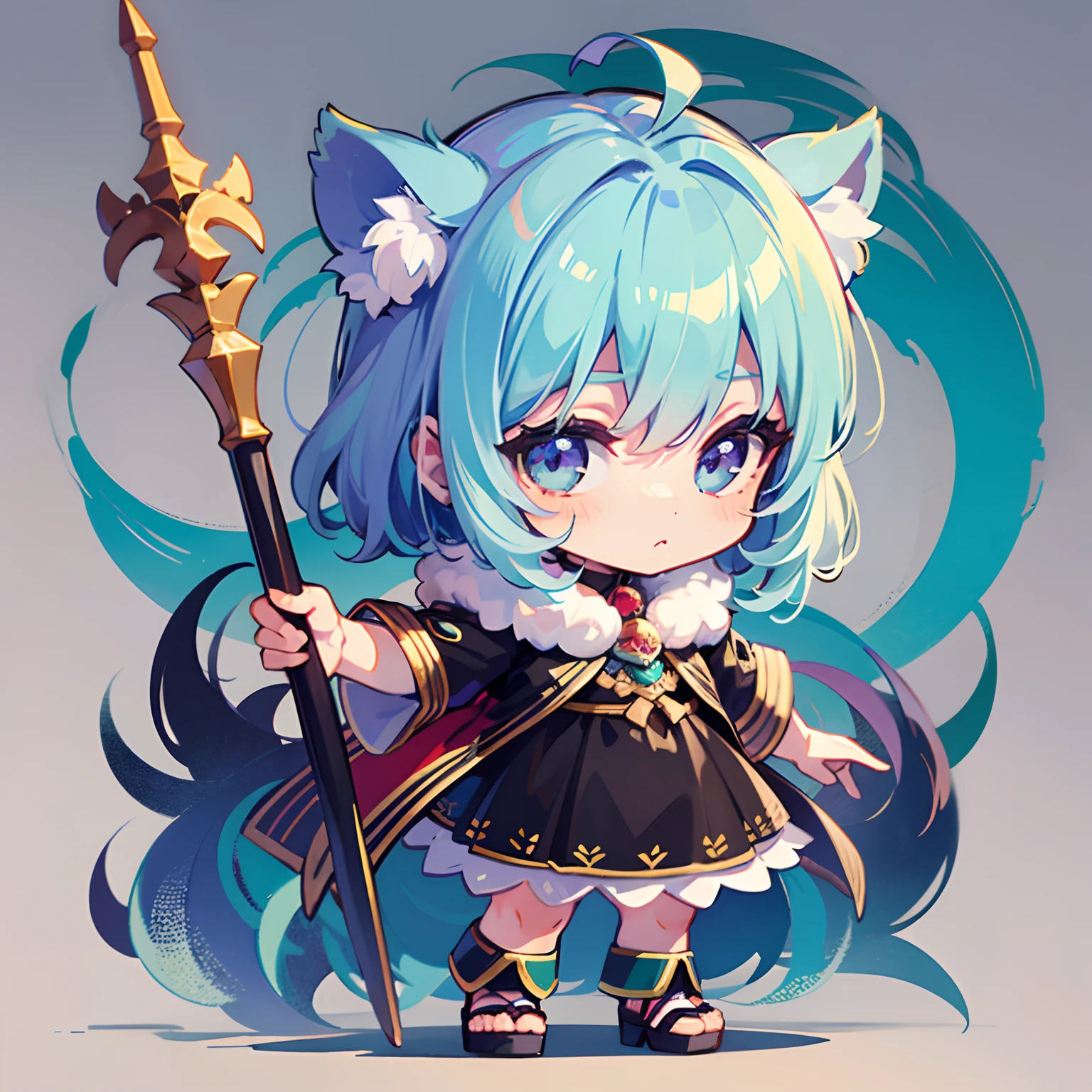 ((Sticker: 1.5))), ((Chibi character)), (white background), fluffy, girl, hoplite, hoplite costume, holding weapon, hoplite pose, chibi character, full body, pastel colored hair, fairytale, fantastic, rainbow, t-shirt design, masterpiece, best quality, 16k,