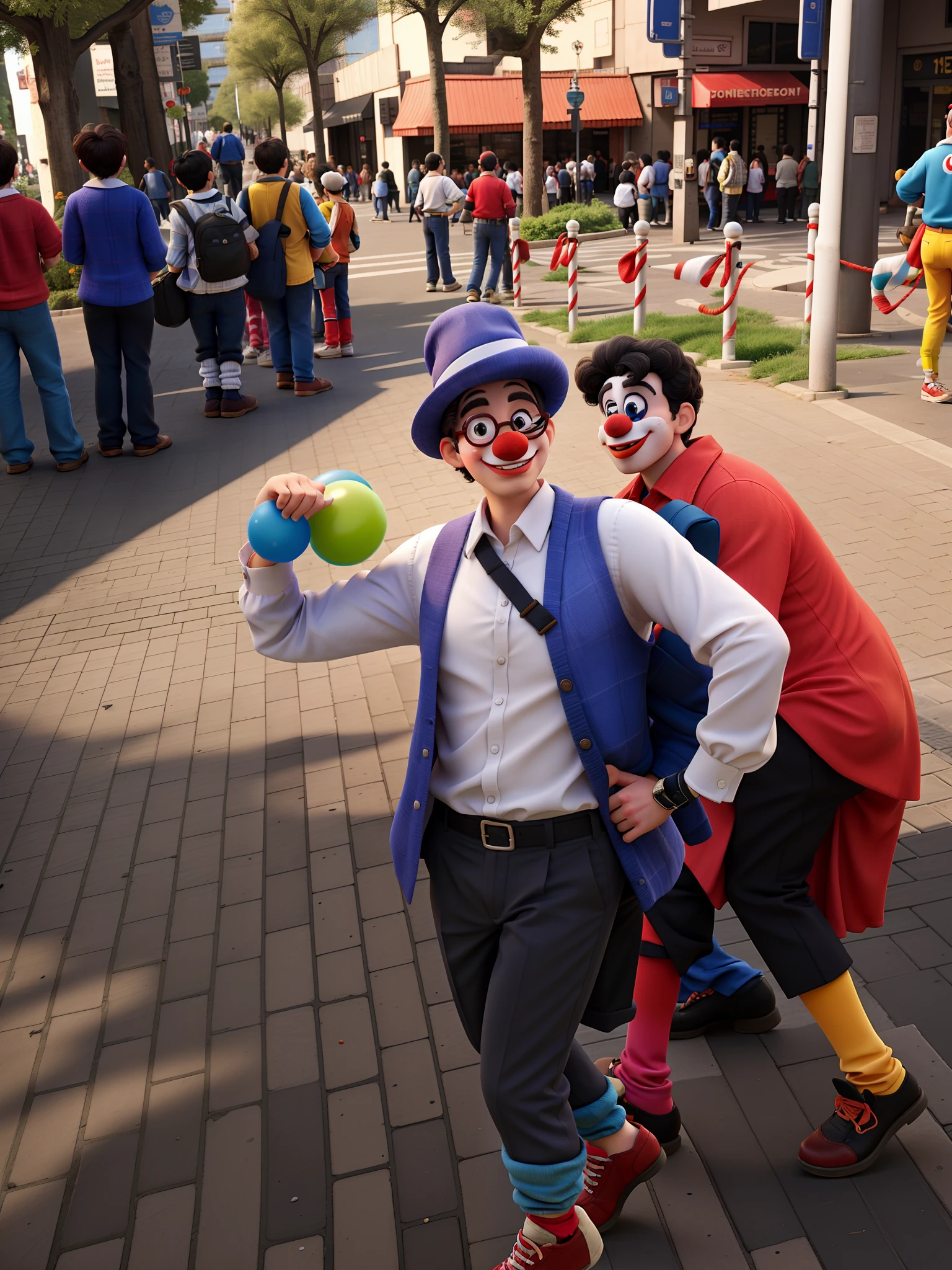 Two clowns in the center of the city.