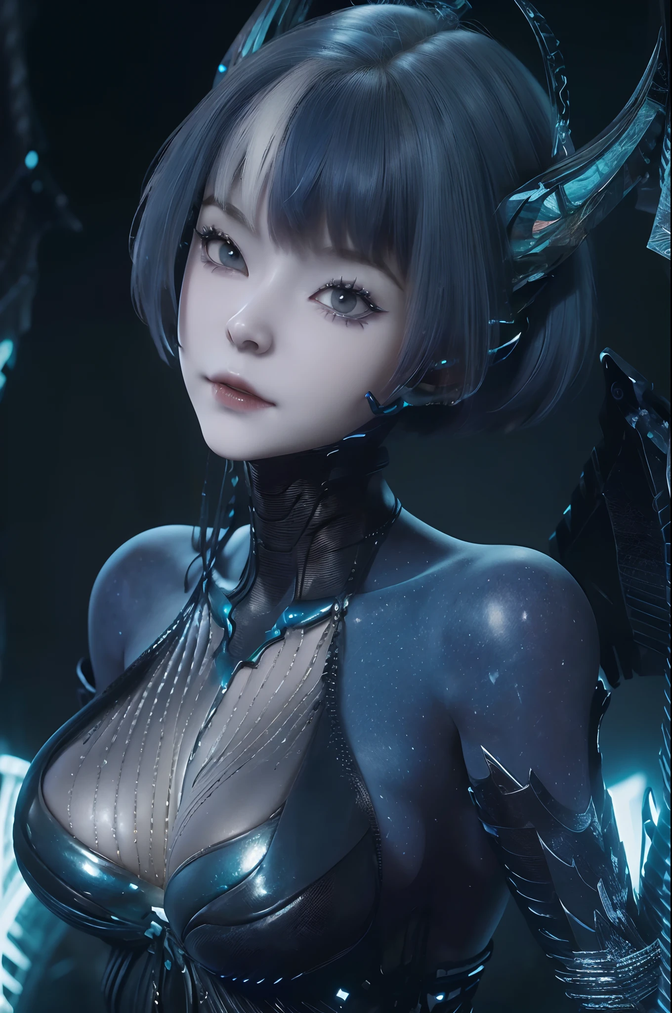 (best quality,8k,highres,masterpiece:1.2),close-up of the upper body,small breasts,seductively enchanting,.3D,blue glow,monokini,otherworldly,scale,demonic wings and tail,cyberpunk,vivid blue short hair,confidently gazing into the camera