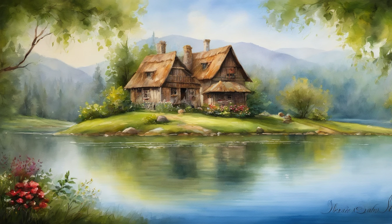 best quality,4k,8k,highres,masterpiece:1.2,ultra-detailed,realistic,photorealistic,portraits,landscape,stunning lake village,beautiful detailed houses and architecture,peaceful atmosphere,crystal clear water,green lush vegetation,serene reflections on the lake,harmonious color palette,soft natural light,scenic beauty,tranquil setting,immersive experience